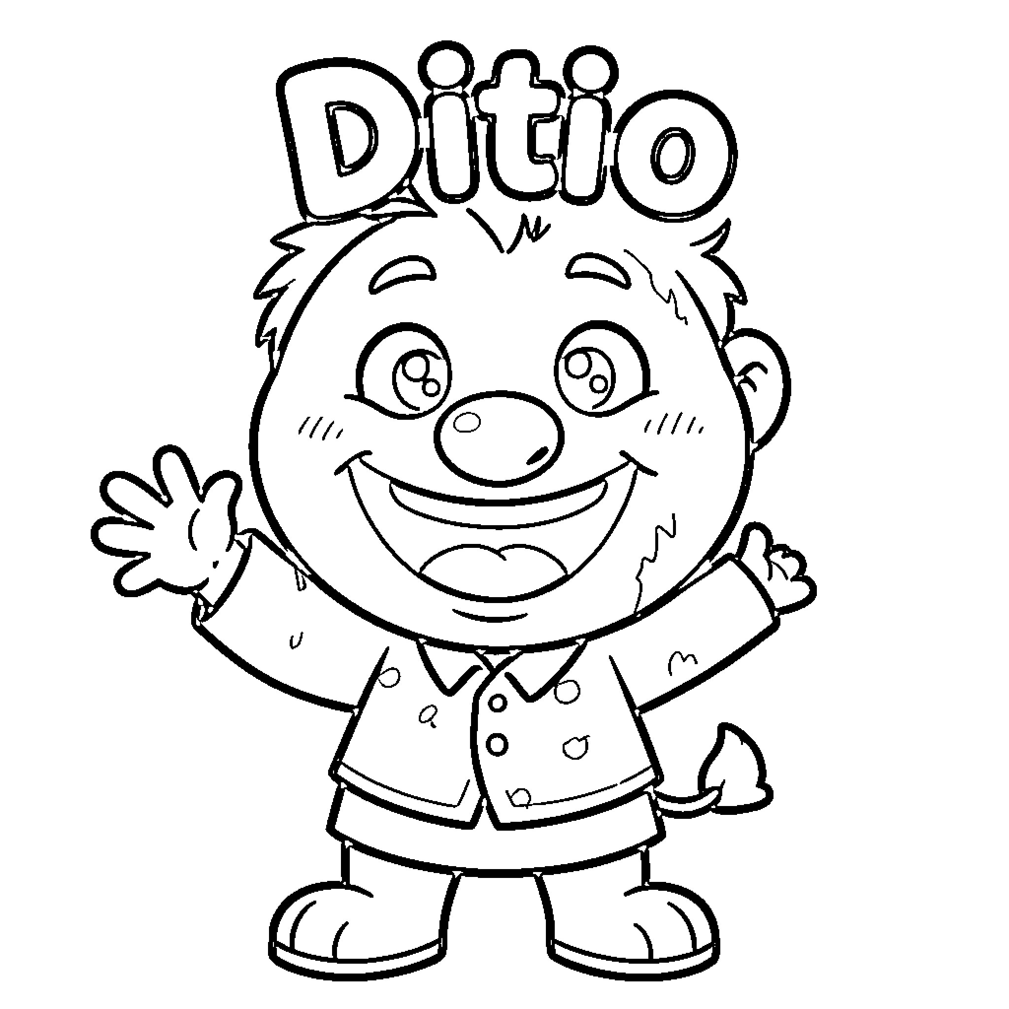 Ditio - Happy Cartoon Character in Cheerful Outfit Coloring Page (free black-and-white line drawing printable PDF for all, from beginners to advanced learners, including children, teens, adults, and seniors)