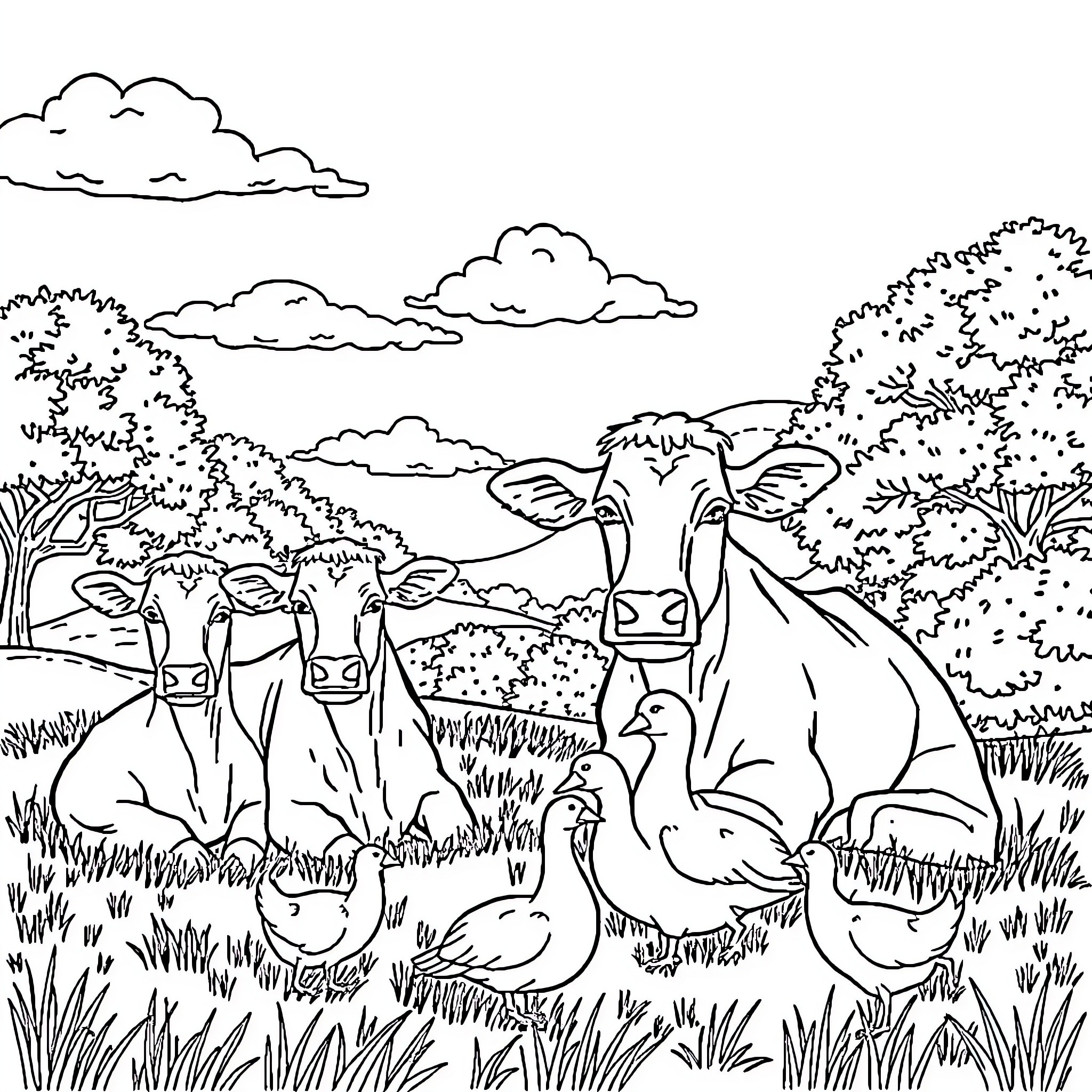 Farm Animal Herd Resting in Grassy Field Coloring Page (free black-and-white line drawing printable PDF for all, from beginners to advanced learners, including children, teens, adults, and seniors)