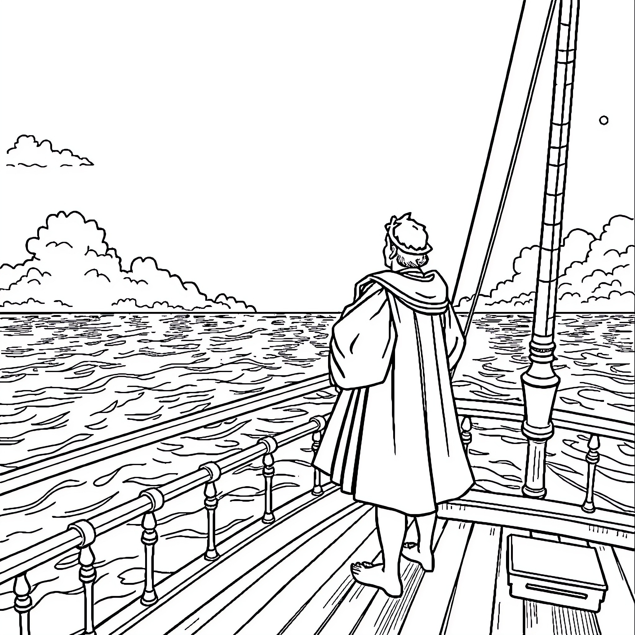 Christopher Columbus Exploring the Open Seas Coloring Page (free black-and-white line drawing printable PDF for all, from beginners to advanced learners, including children, teens, adults, and seniors)