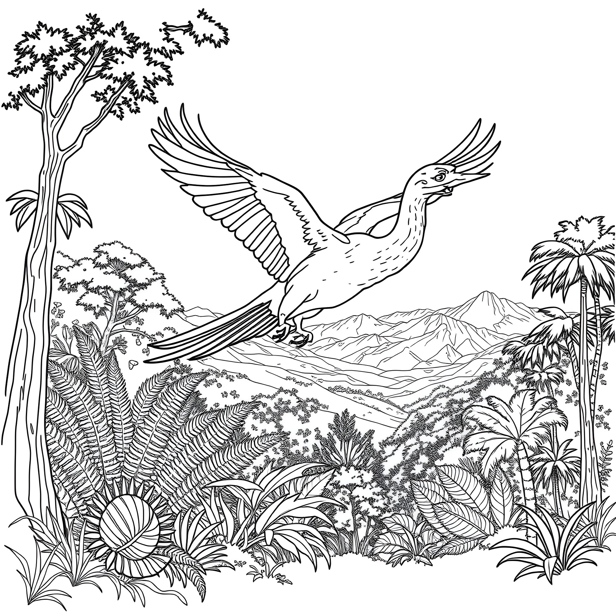 Bird flying over lush tropical landscape Coloring Page (free black-and-white line drawing printable PDF for all, from beginners to advanced learners, including children, teens, adults, and seniors)