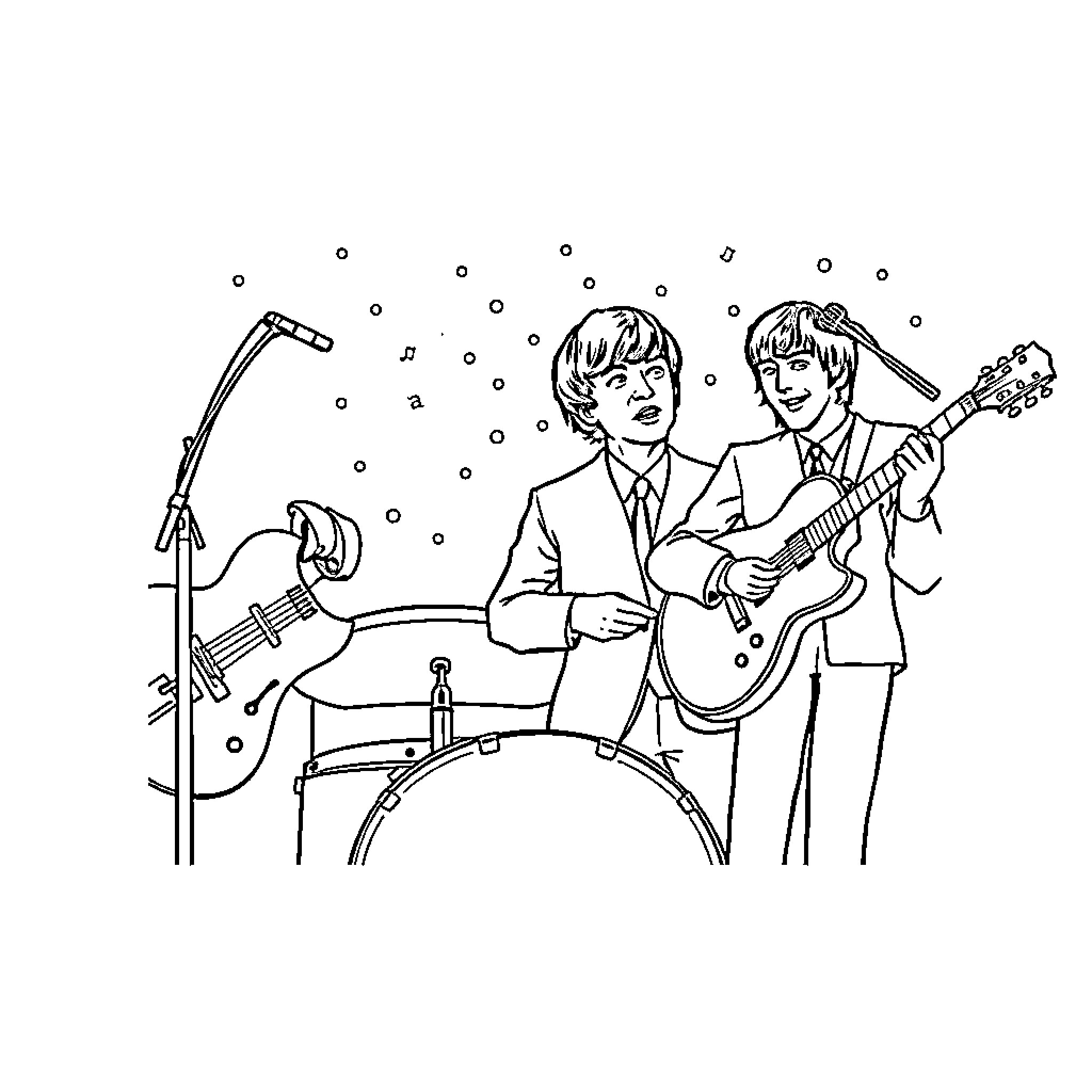 The Beatles Performing on Stage with Instruments Coloring Page (free black-and-white line drawing printable PDF for all, from beginners to advanced learners, including children, teens, adults, and seniors)