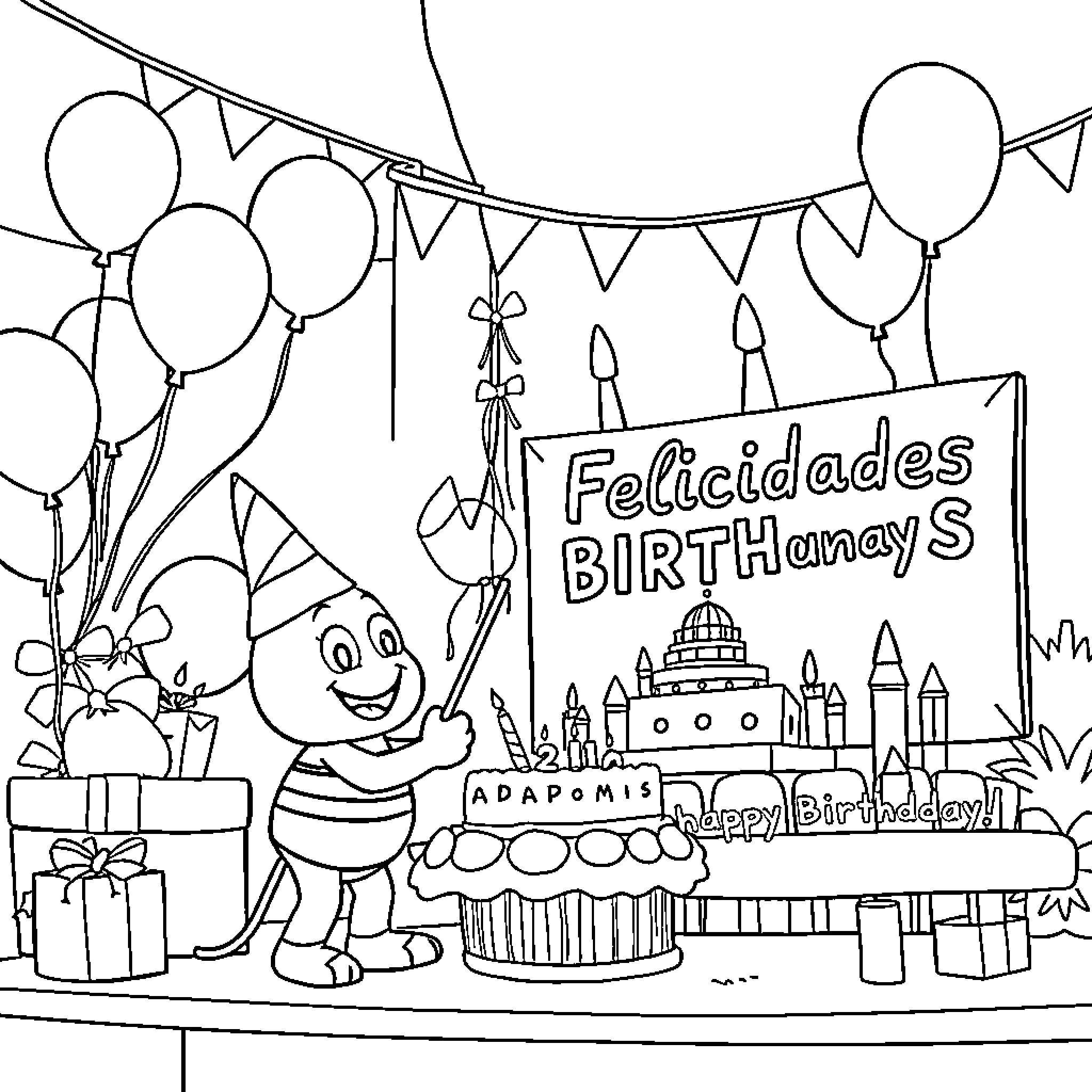 Blippi's Cheerful Birthday Party Celebration Coloring Page (free black-and-white line drawing printable PDF for all, from beginners to advanced learners, including children, teens, adults, and seniors)
