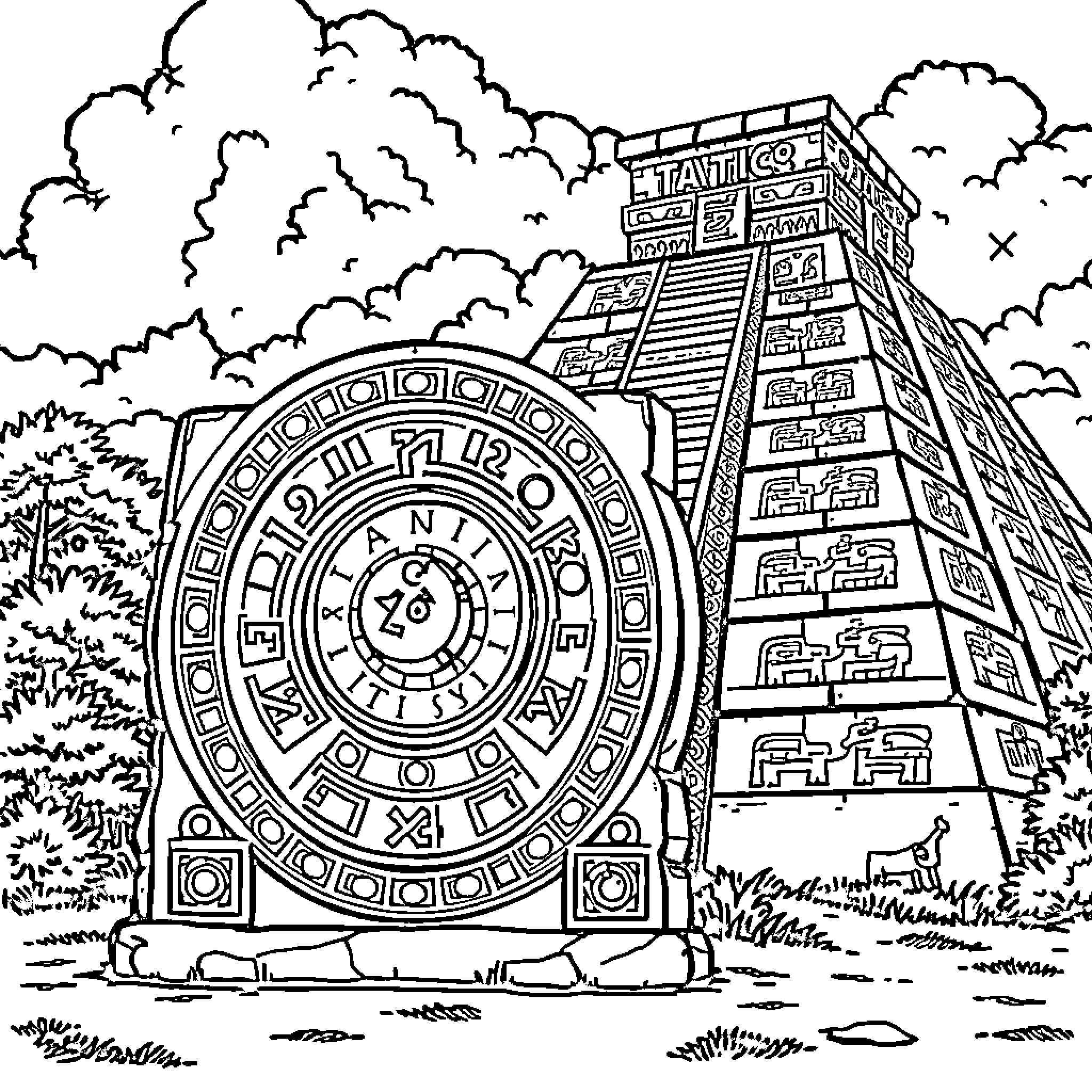 Aztec Calendar - Majestic Pyramid Structure in Nature Coloring Page (free black-and-white line drawing printable PDF for all, from beginners to advanced learners, including children, teens, adults, and seniors)