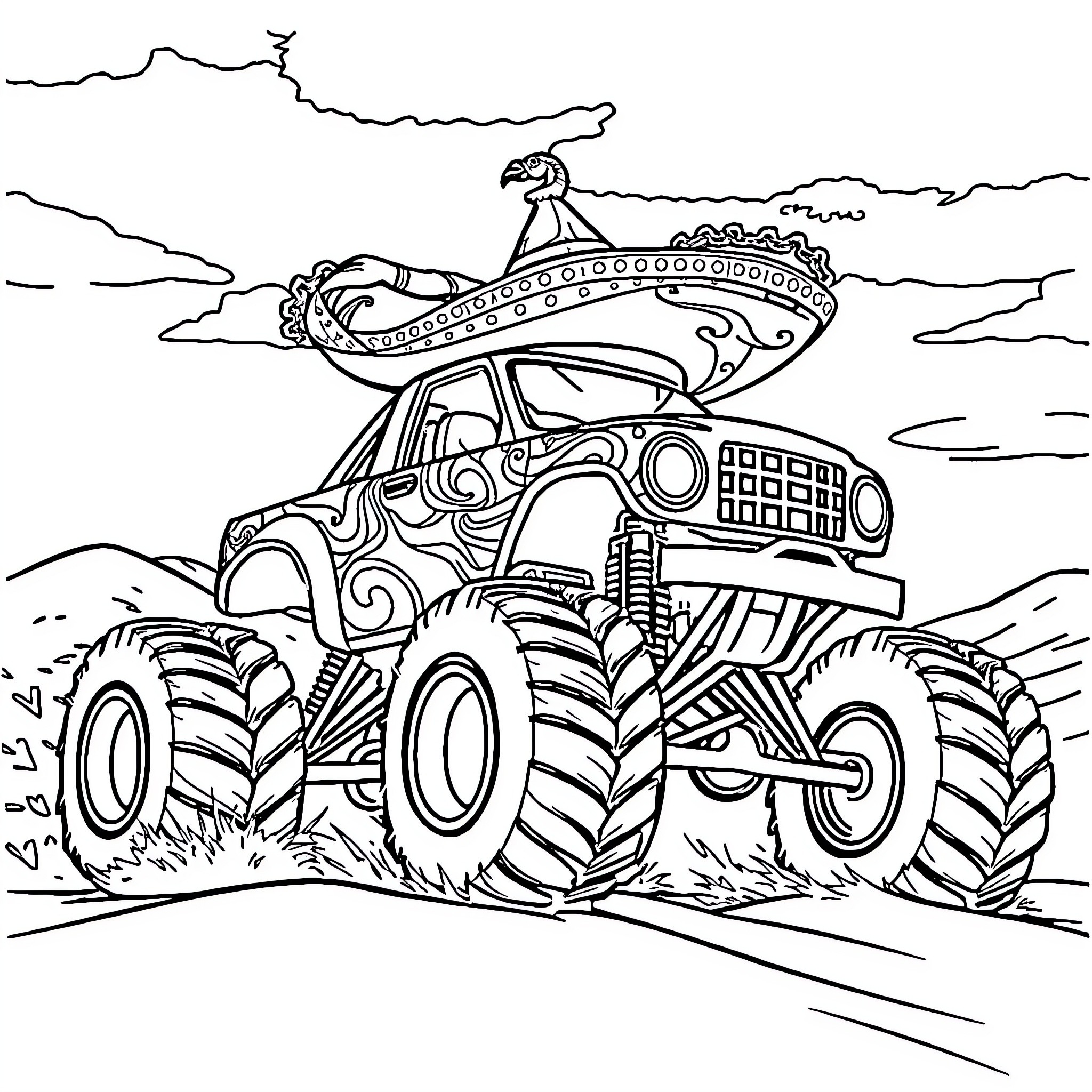 Monster Truck Soaring Over Rugged Terrain Coloring Page (free black-and-white line drawing printable PDF for all, from beginners to advanced learners, including children, teens, adults, and seniors)