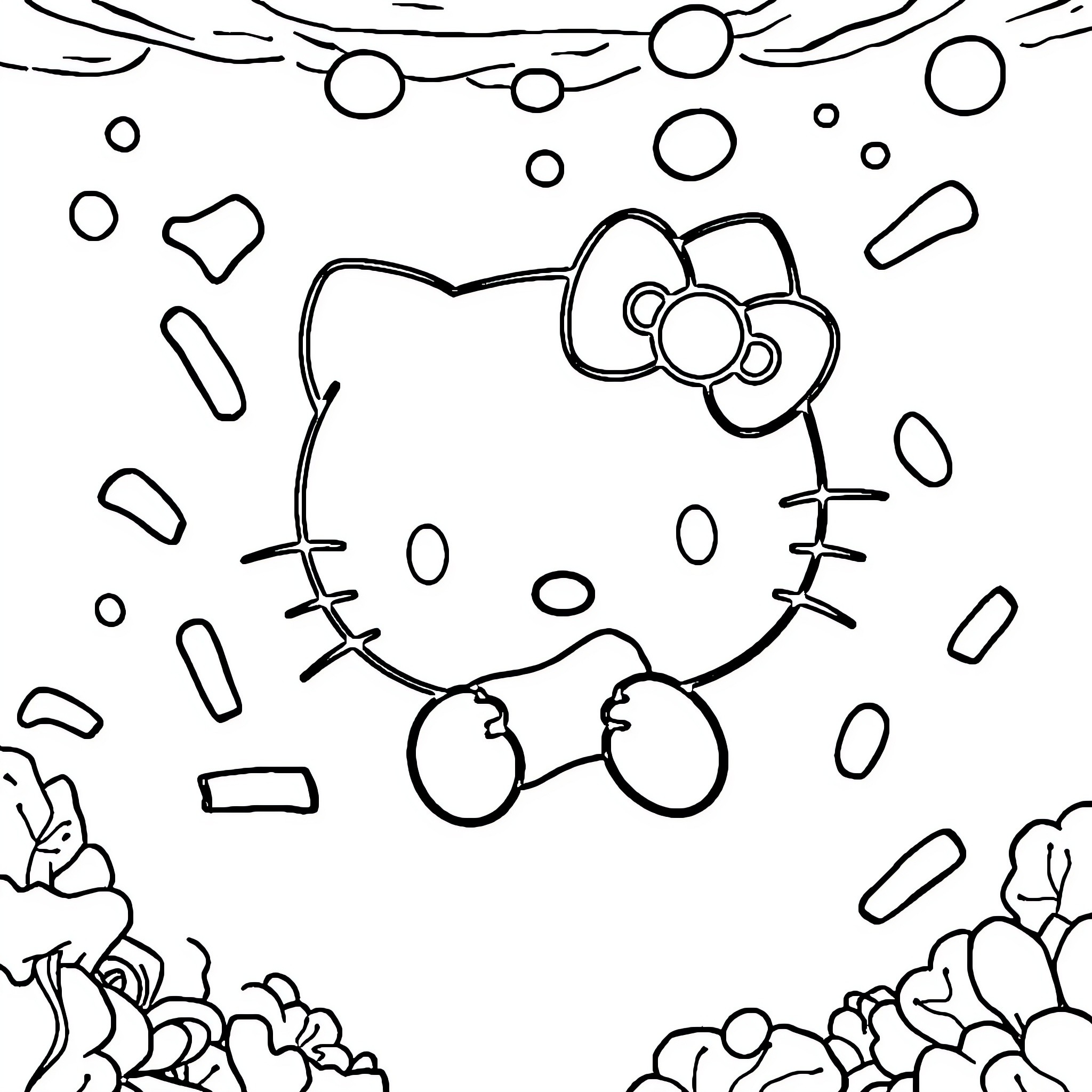 Hello Kitty playing with abstract shapes Coloring Page (free black-and-white line drawing printable PDF for all, from beginners to advanced learners, including children, teens, adults, and seniors)