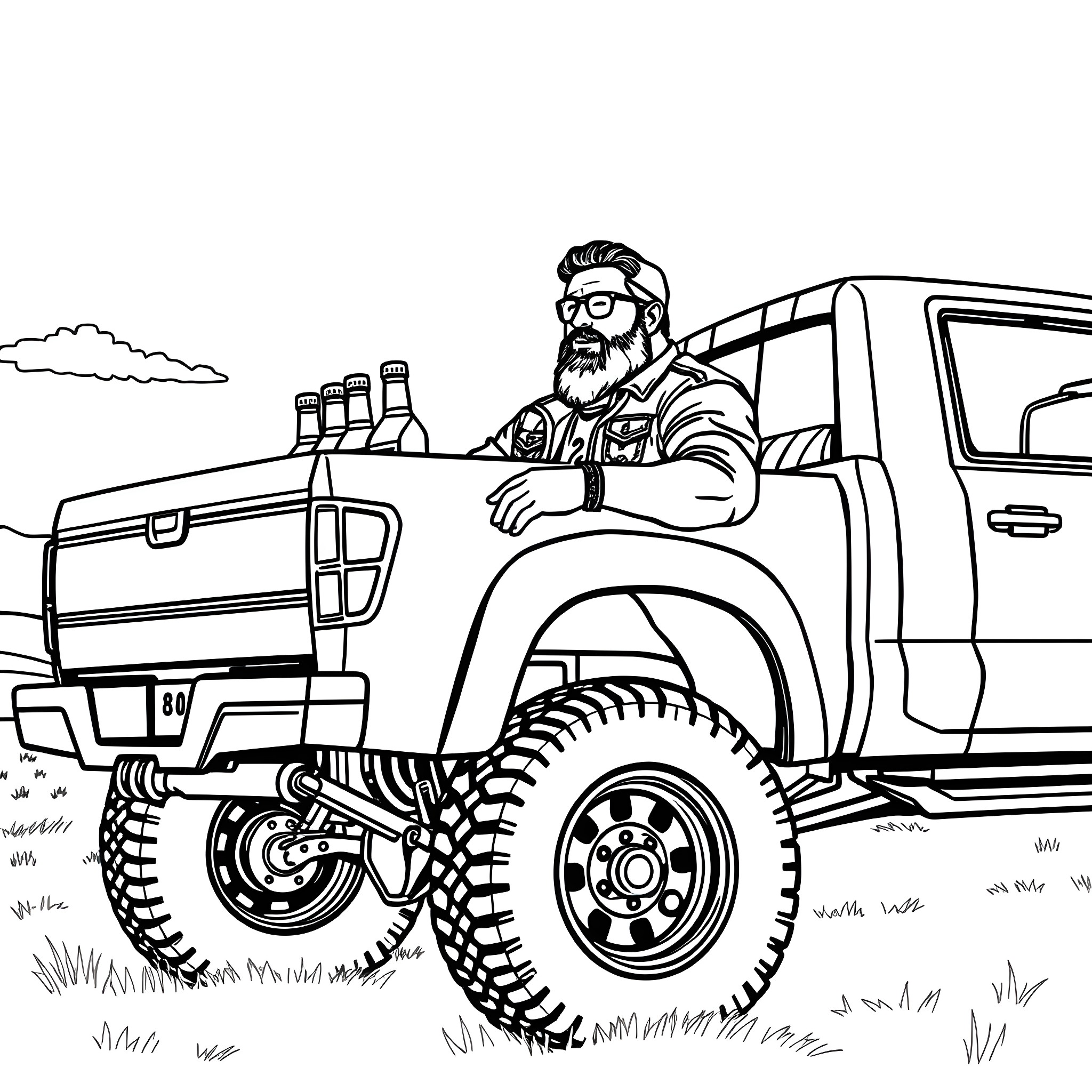 Luke Combs driving rugged off-road truck in the countryside Coloring Page (free black-and-white line drawing printable PDF for all, from beginners to advanced learners, including children, teens, adults, and seniors)