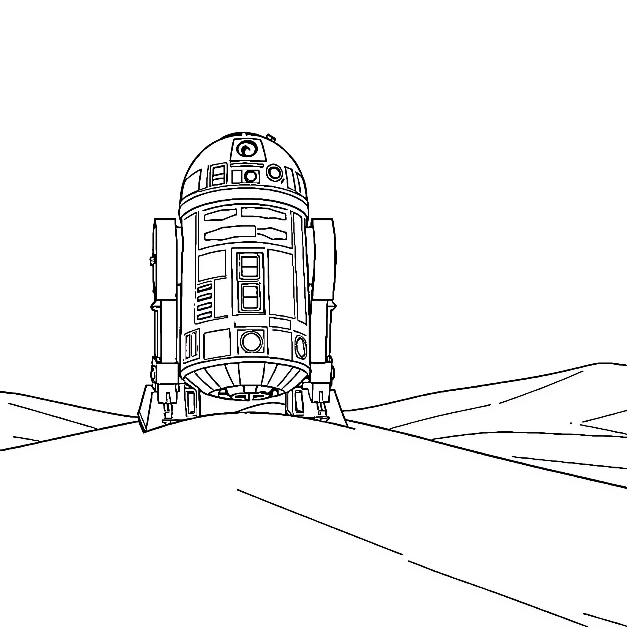 R2D2 exploring the desert landscape Coloring Page (free black-and-white line drawing printable PDF for all, from beginners to advanced learners, including children, teens, adults, and seniors)