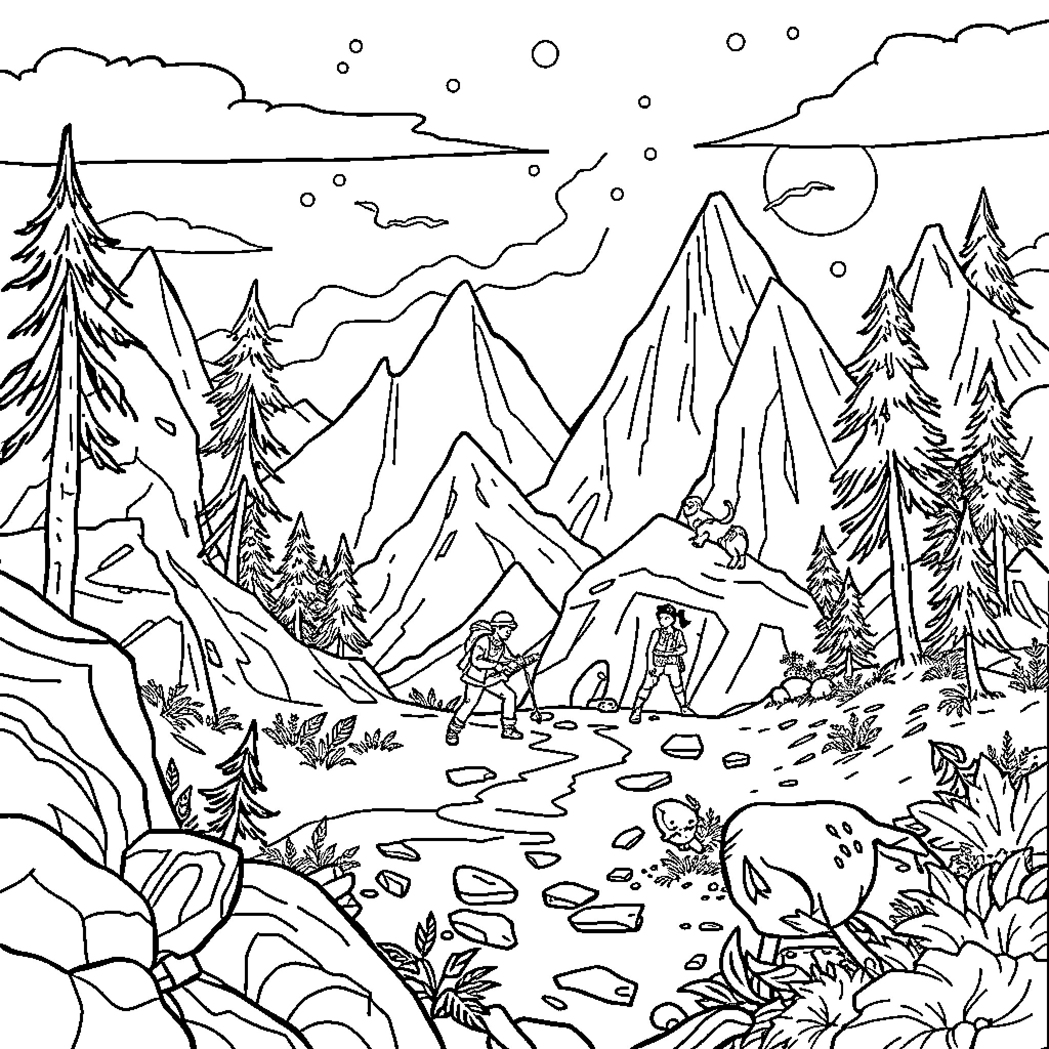 Huntrix in the Mountainous Wilderness Coloring Page (free black-and-white line drawing printable PDF for all, from beginners to advanced learners, including children, teens, adults, and seniors)