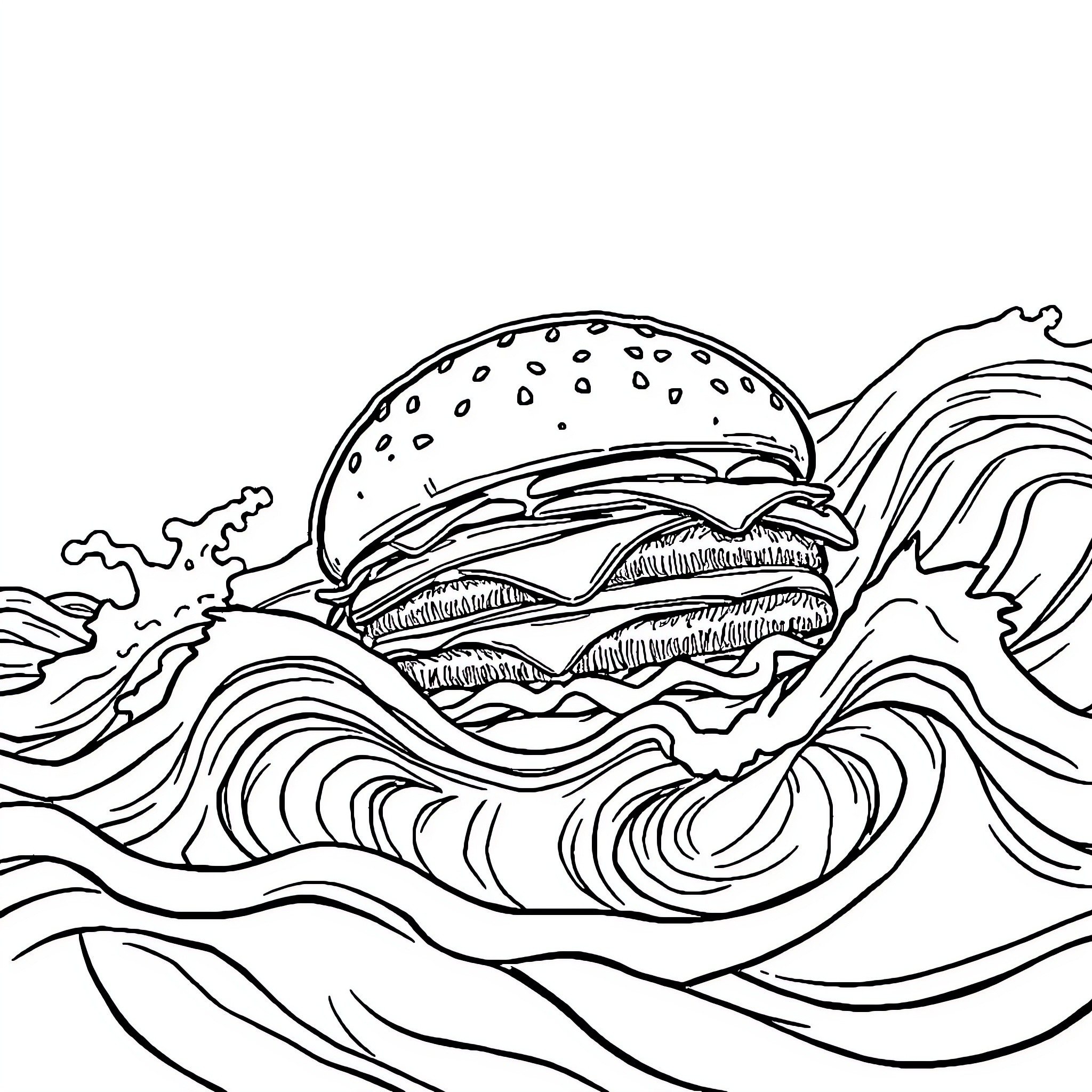 Burger floating in abstract waves Coloring Page (free black-and-white line drawing printable PDF for all, from beginners to advanced learners, including children, teens, adults, and seniors)