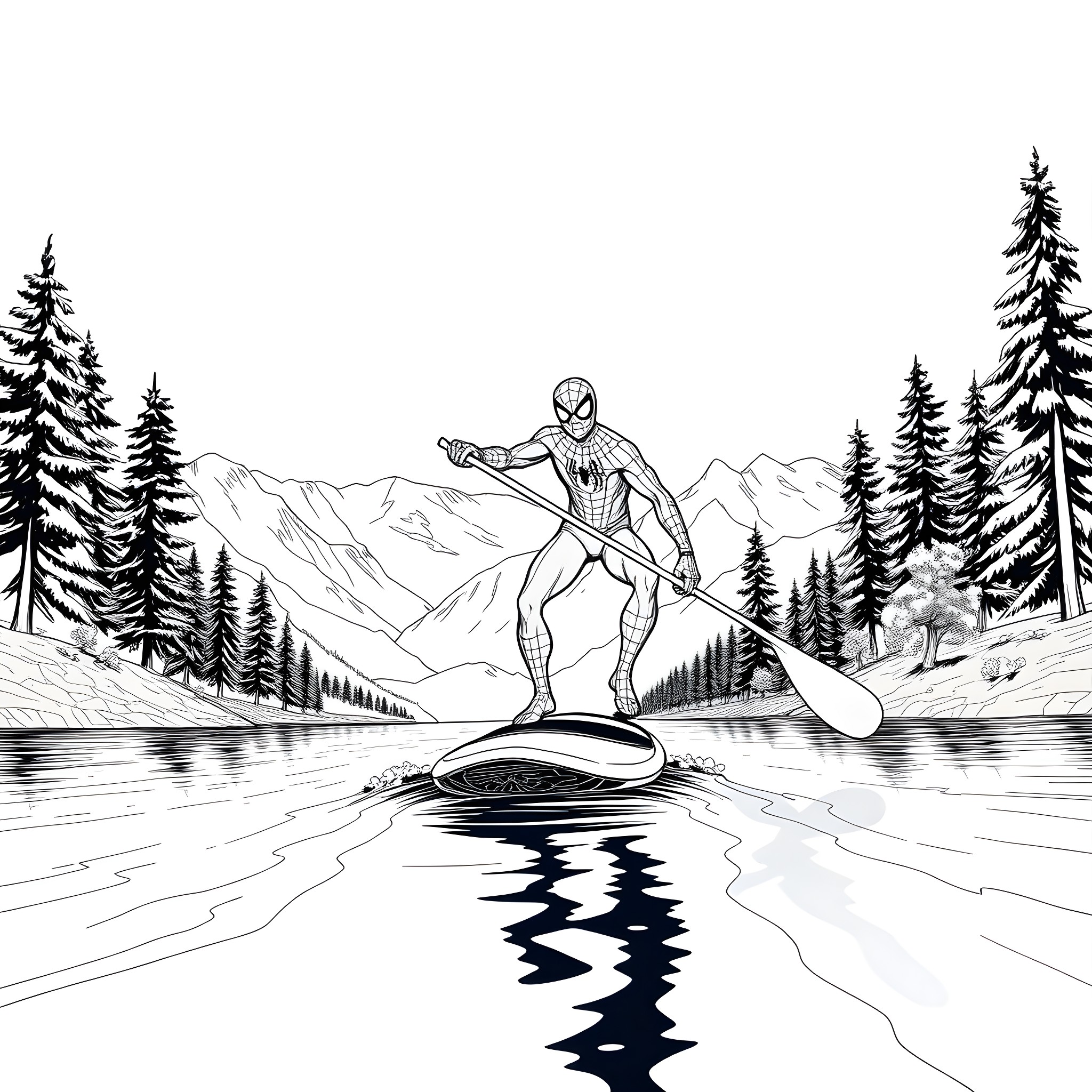Spiderman Surfing on Frozen Lake in Snowy Mountains Coloring Page (free black-and-white line drawing printable PDF for all, from beginners to advanced learners, including children, teens, adults, and seniors)