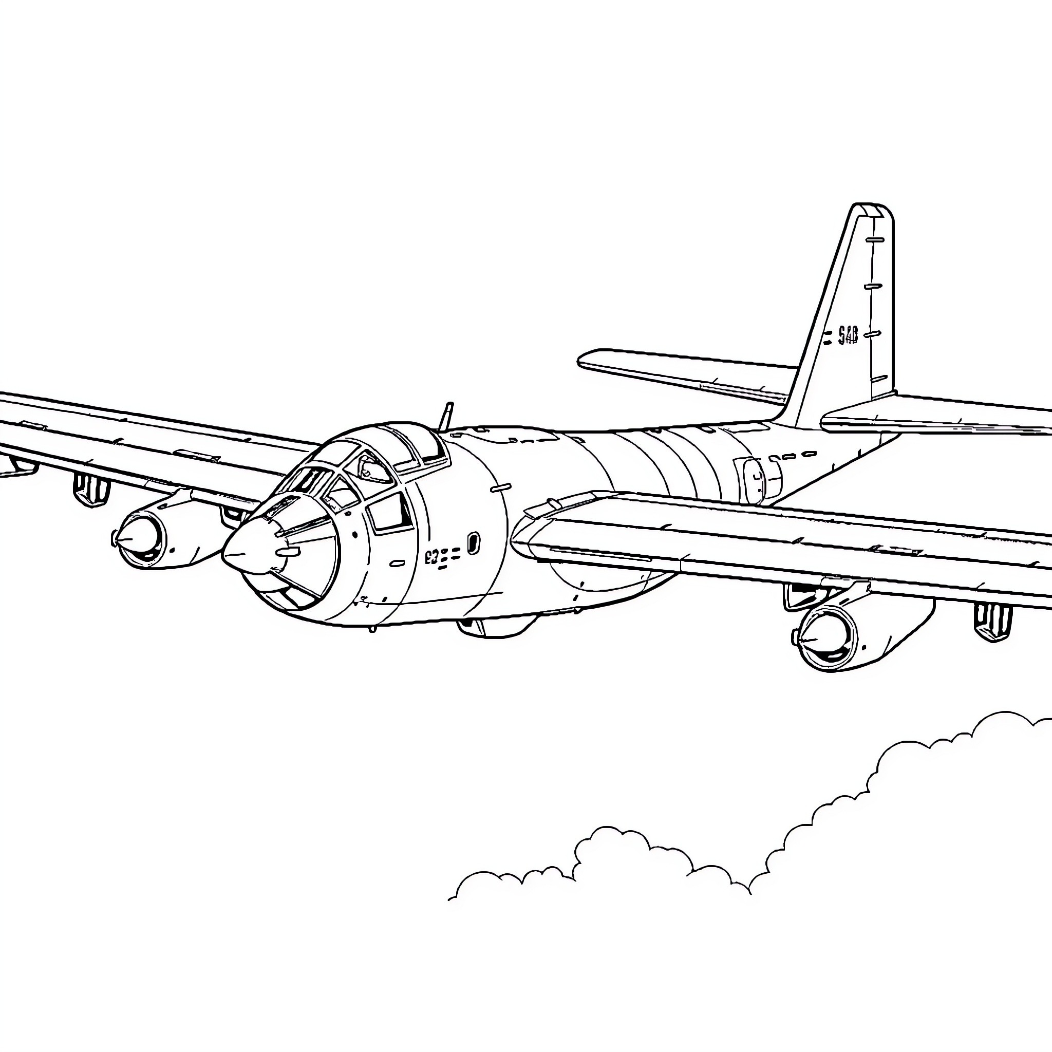E2 Hawkeye aircraft in flight Coloring Page (free black-and-white line drawing printable PDF for all, from beginners to advanced learners, including children, teens, adults, and seniors)