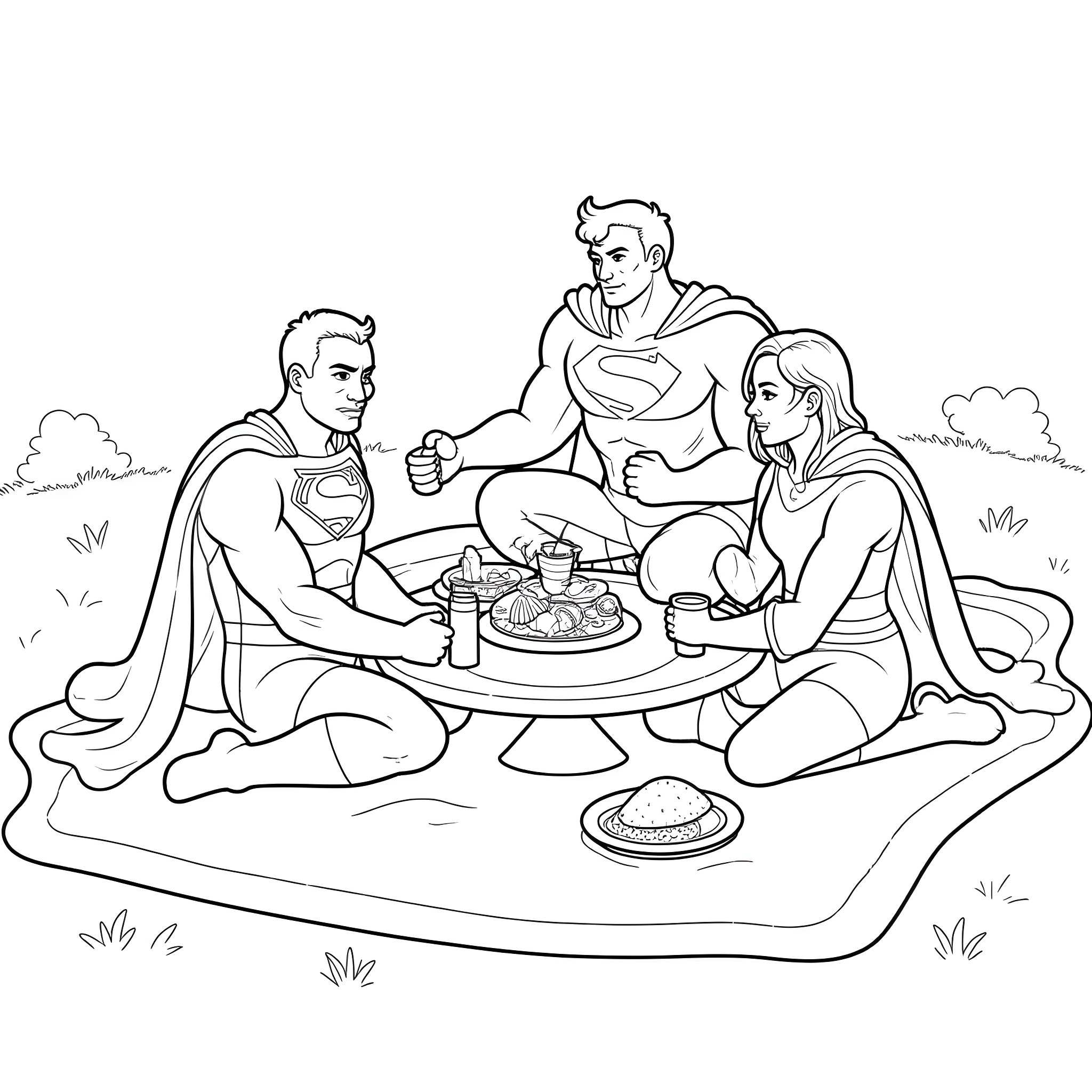 Superhero Picnic in the Park Coloring Page (free black-and-white line drawing printable PDF for all, from beginners to advanced learners, including children, teens, adults, and seniors)