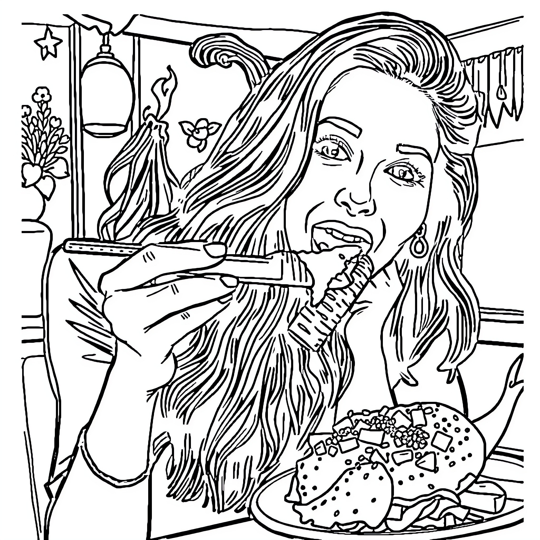 Salma Hayek enjoys artistic expression and culinary delights Coloring Page (free black-and-white line drawing printable PDF for all, from beginners to advanced learners, including children, teens, adults, and seniors)