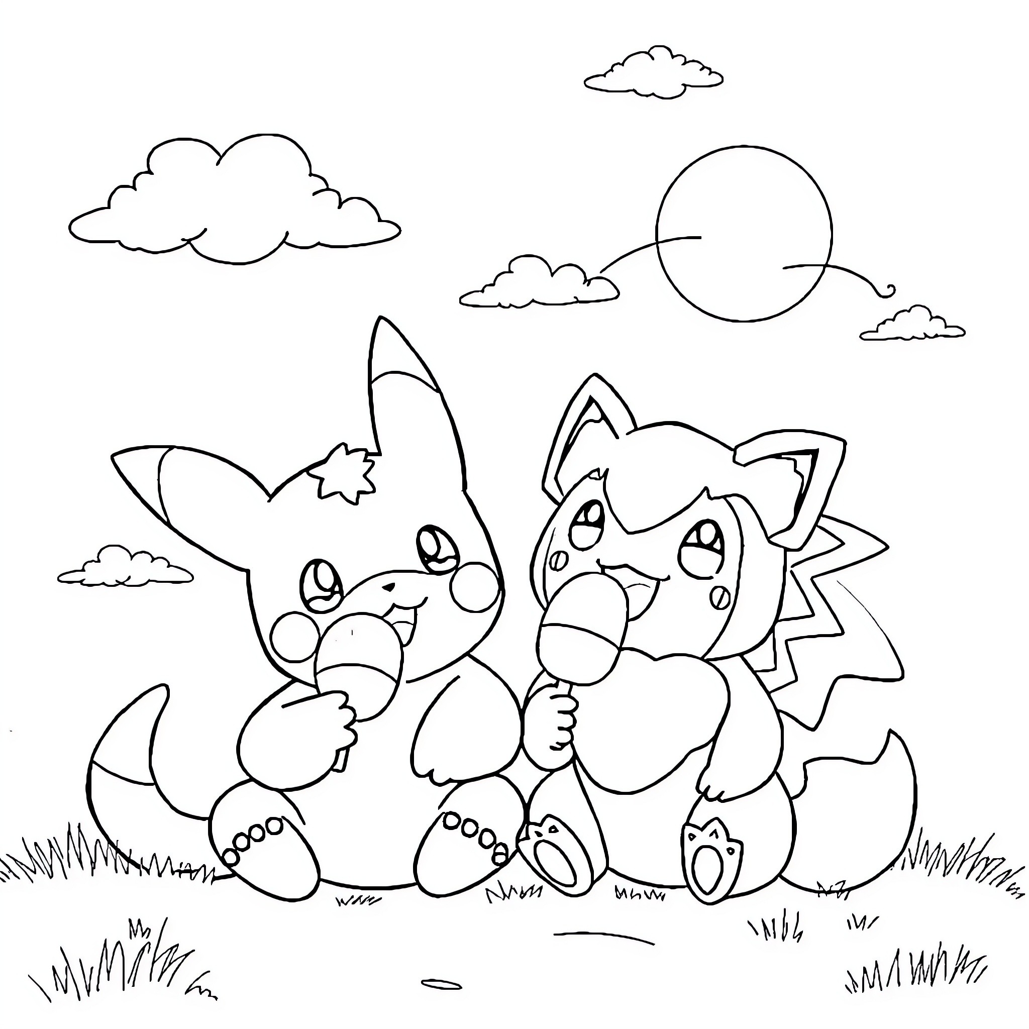 Snorlax and friends playing in the field Coloring Page (free black-and-white line drawing printable PDF for all, from beginners to advanced learners, including children, teens, adults, and seniors)