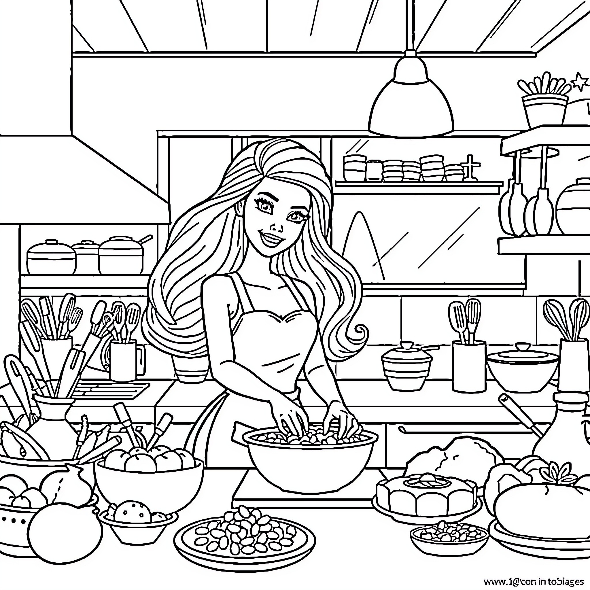Barbie cooking in the kitchen with kitchen utensils Coloring Page (free black-and-white line drawing printable PDF for all, from beginners to advanced learners, including children, teens, adults, and seniors)