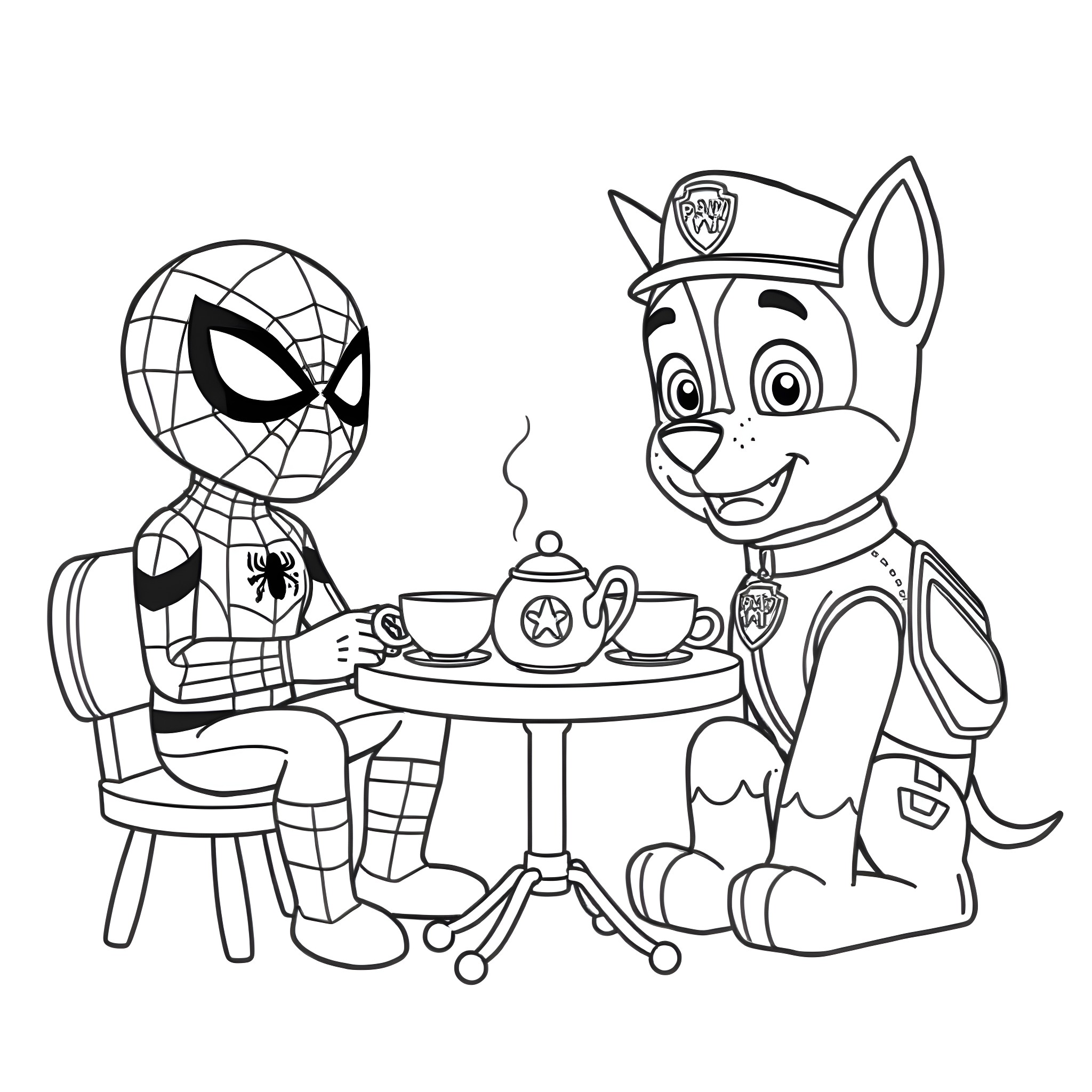 Spiderman and Paw Patrol Character Sharing Tea Coloring Page (free black-and-white line drawing printable PDF for all, from beginners to advanced learners, including children, teens, adults, and seniors)