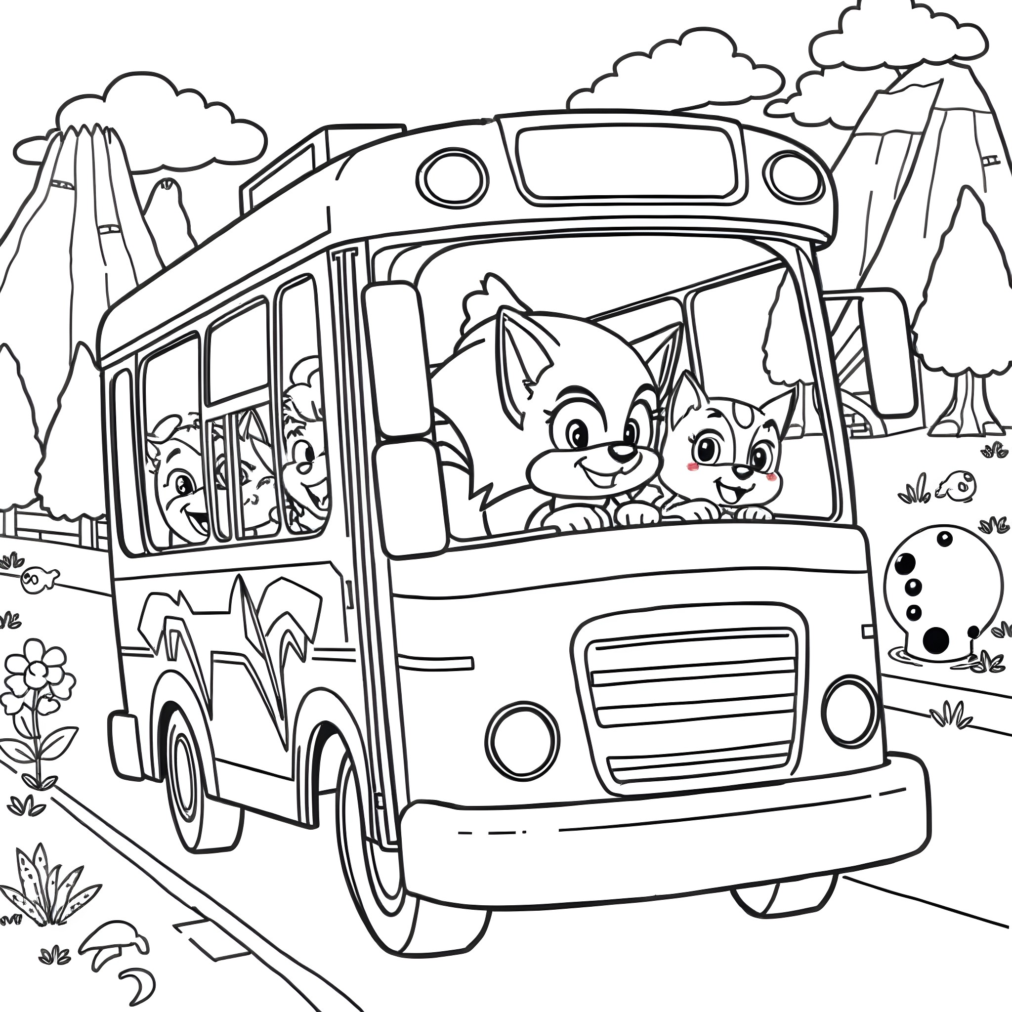 Sonic characters riding on bus through scenic landscape Coloring Page (free black-and-white line drawing printable PDF for all, from beginners to advanced learners, including children, teens, adults, and seniors)