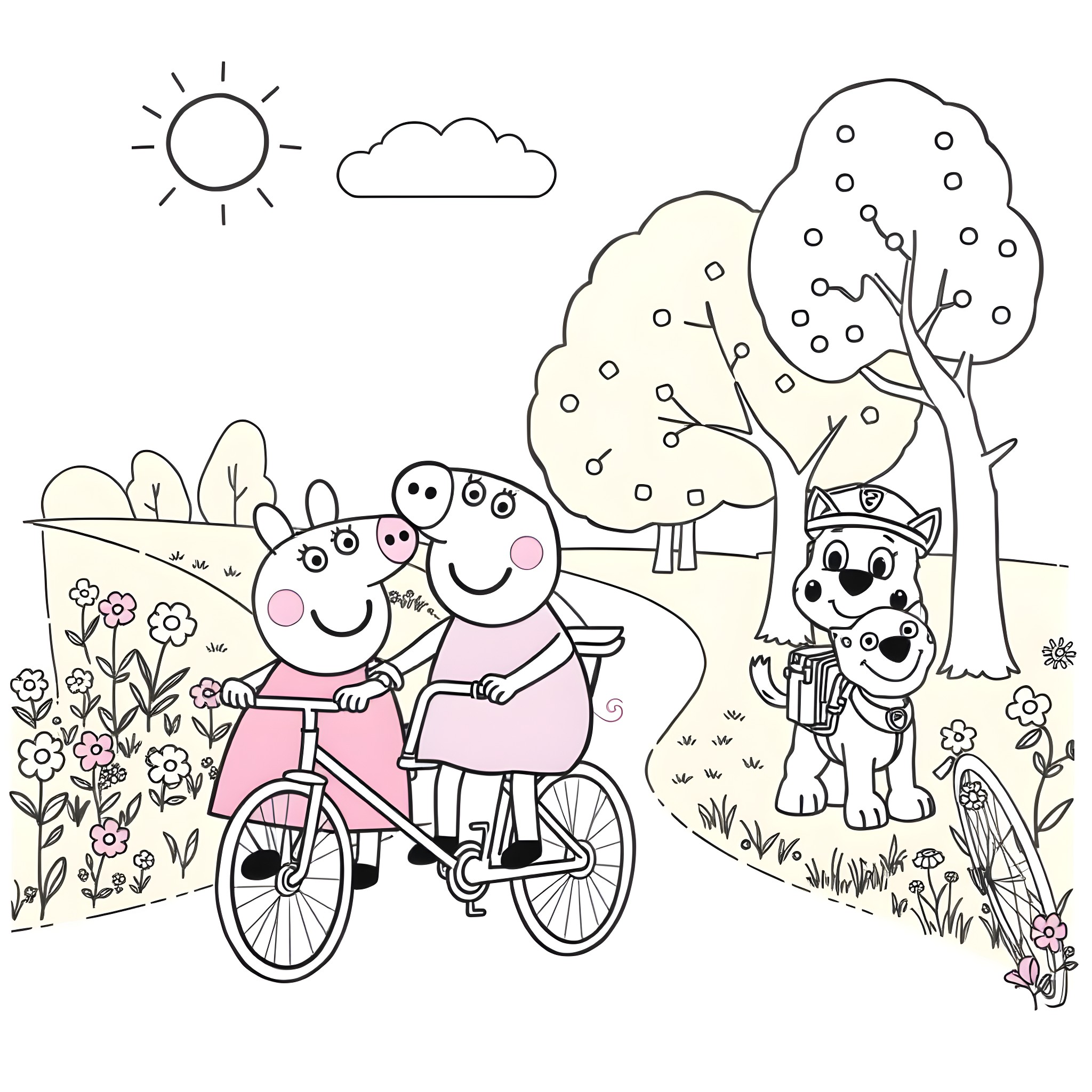 Peppa Pig and her family enjoying a bike ride in the park Coloring Page (free black-and-white line drawing printable PDF for all, from beginners to advanced learners, including children, teens, adults, and seniors)