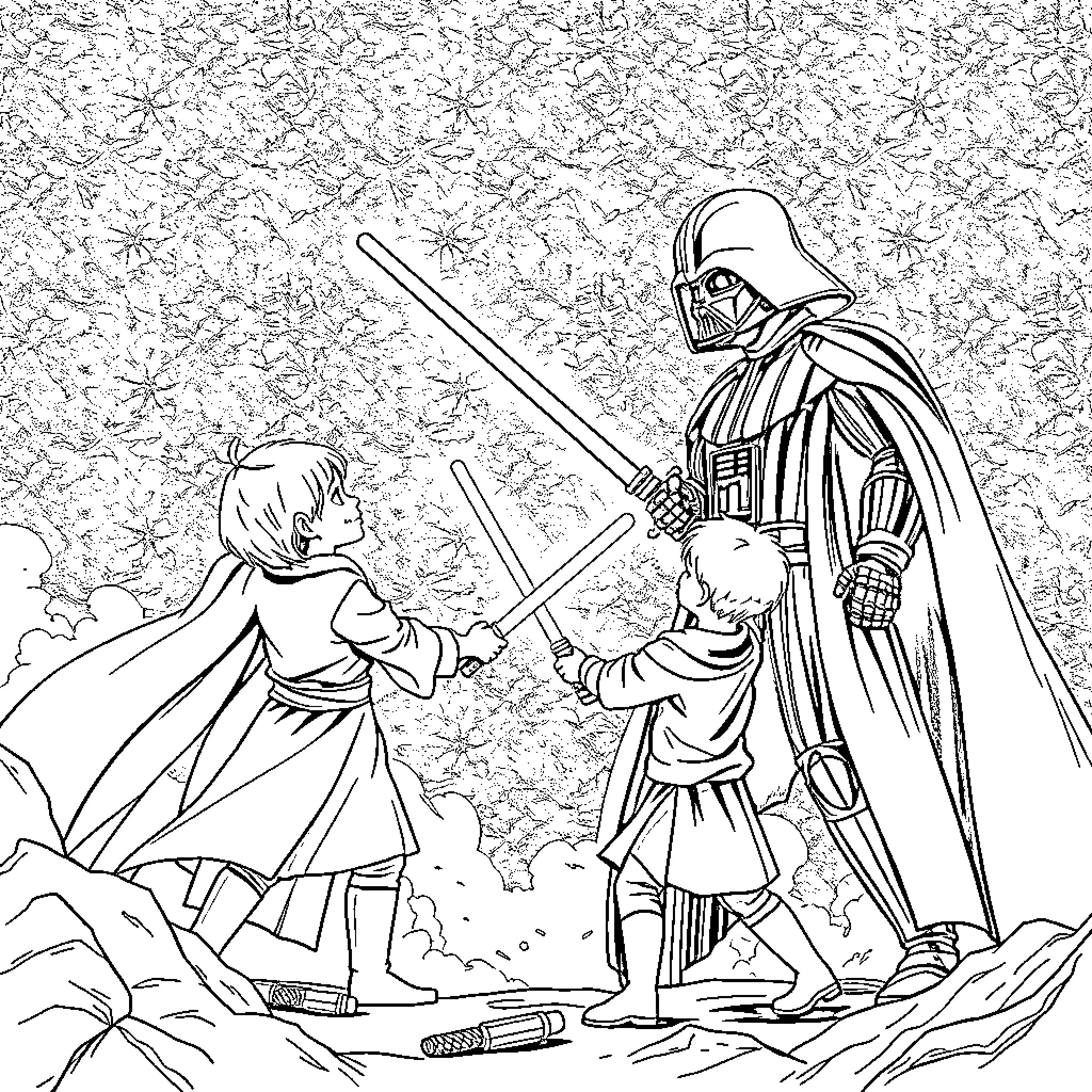 Darth Vader confronting young Jedi warriors Coloring Page (free black-and-white line drawing printable PDF for all, from beginners to advanced learners, including children, teens, adults, and seniors)