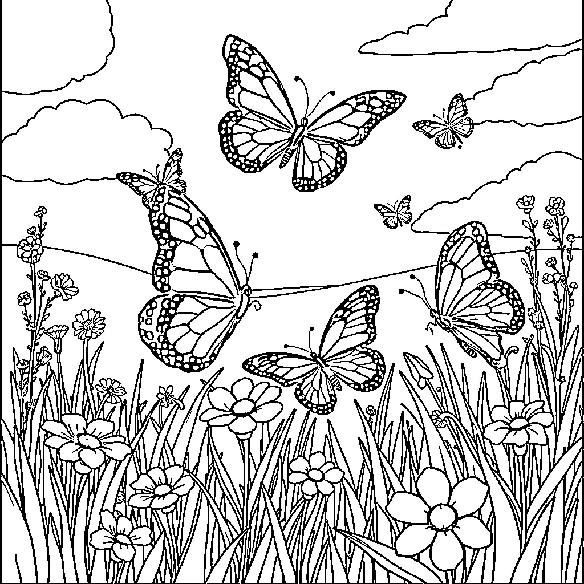 Butterflies dancing among the flowers Coloring Page (free black-and-white line drawing printable PDF for all, from beginners to advanced learners, including children, teens, adults, and seniors)