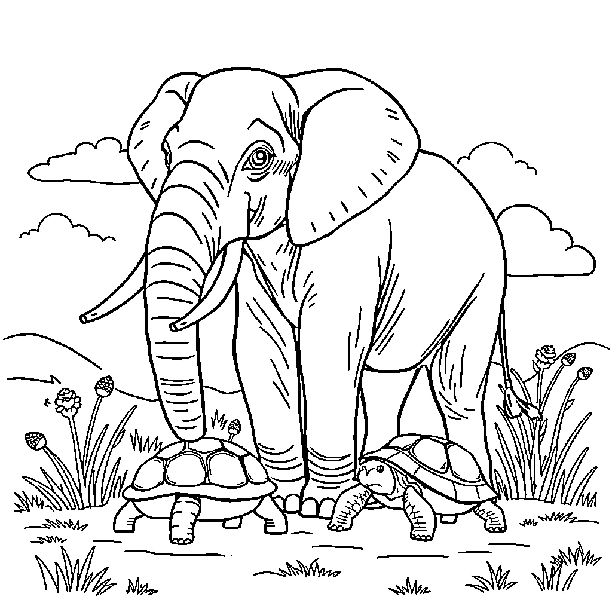 Elephant sharing the landscape with turtles Coloring Page (free black-and-white line drawing printable PDF for all, from beginners to advanced learners, including children, teens, adults, and seniors)