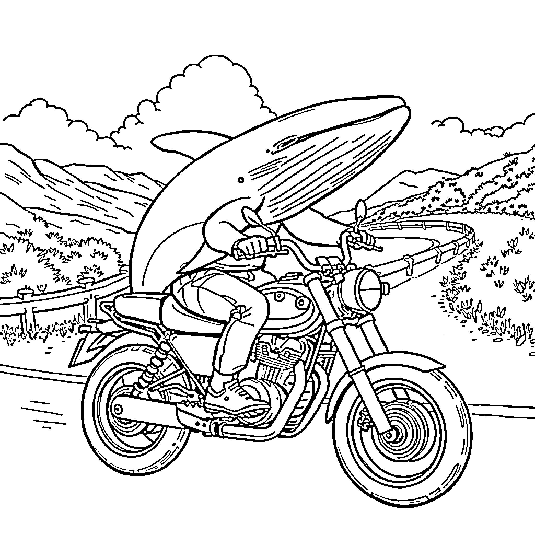 Humpback Whale Riding a Motorcycle in the Countryside Coloring Page (free black-and-white line drawing printable PDF for all, from beginners to advanced learners, including children, teens, adults, and seniors)