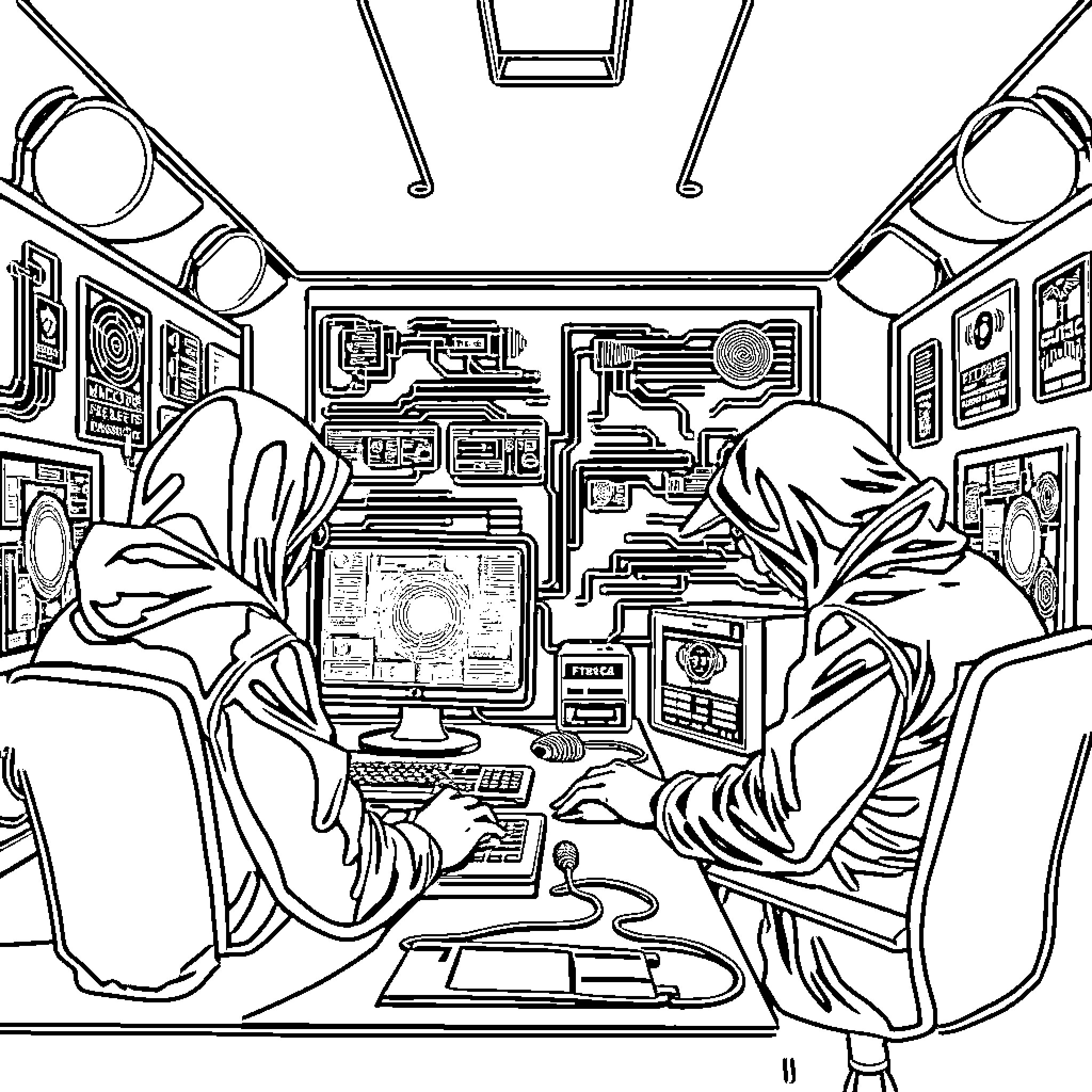 Hacker working intensely in a high-tech workspace Coloring Page (free black-and-white line drawing printable PDF for all, from beginners to advanced learners, including children, teens, adults, and seniors)