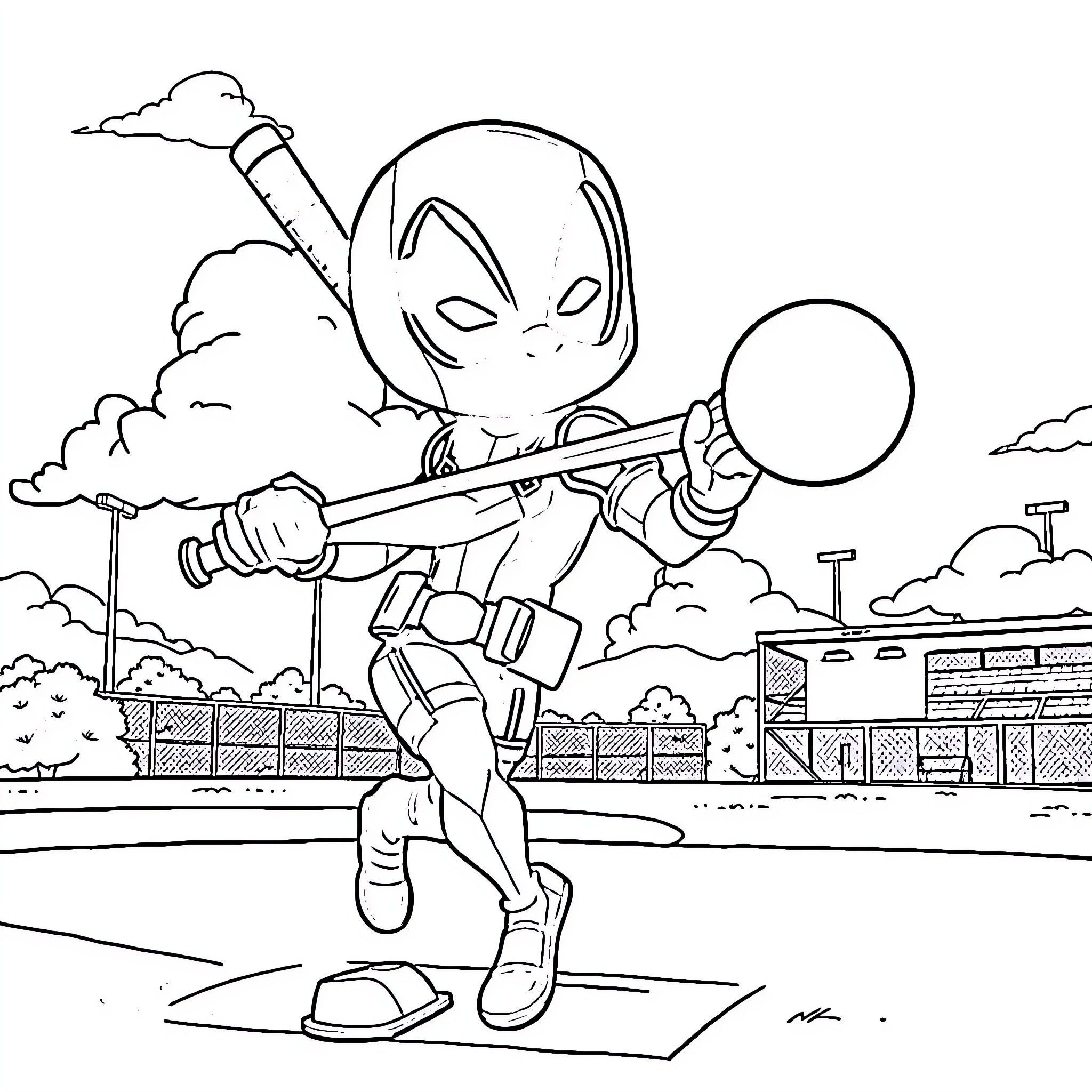Deadpool in action-packed urban adventure Coloring Page (free black-and-white line drawing printable PDF for all, from beginners to advanced learners, including children, teens, adults, and seniors)