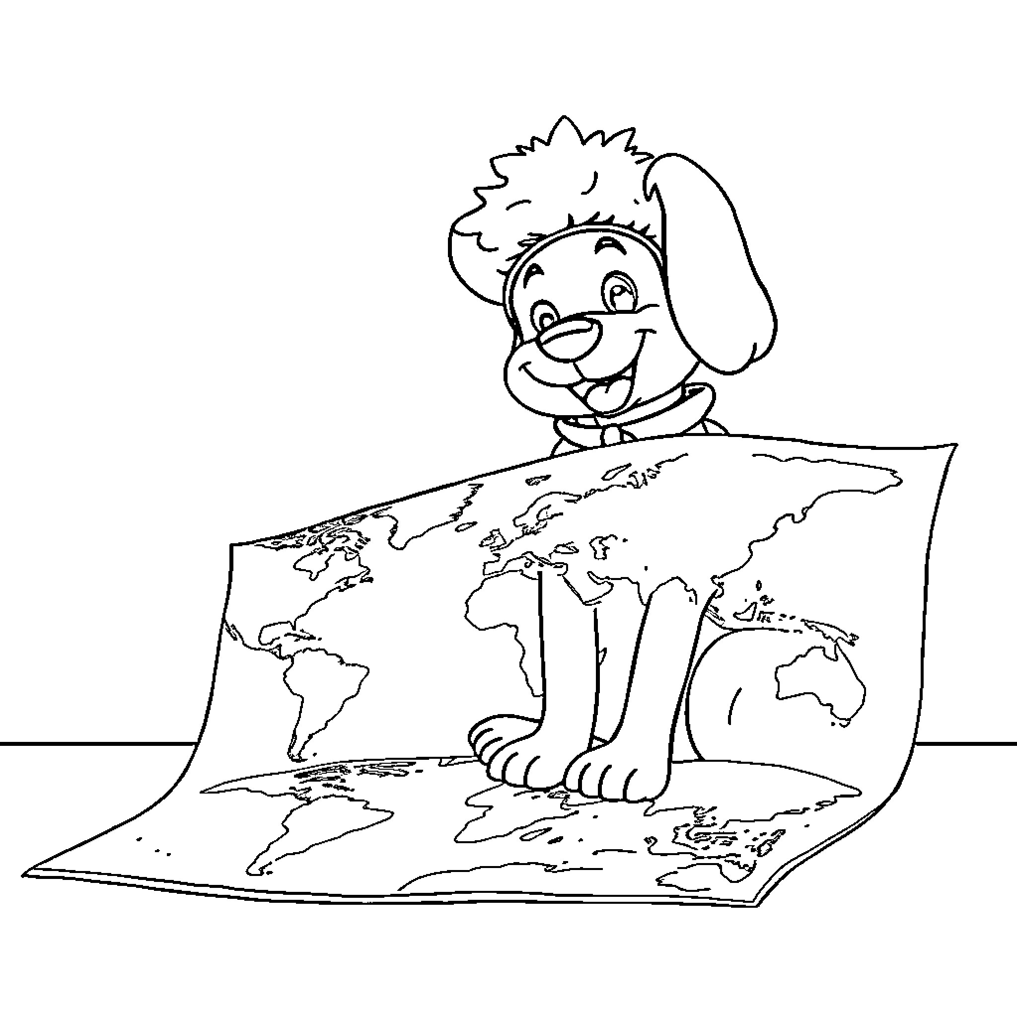 Dog exploring the world map Coloring Page (free black-and-white line drawing printable PDF for all, from beginners to advanced learners, including children, teens, adults, and seniors)