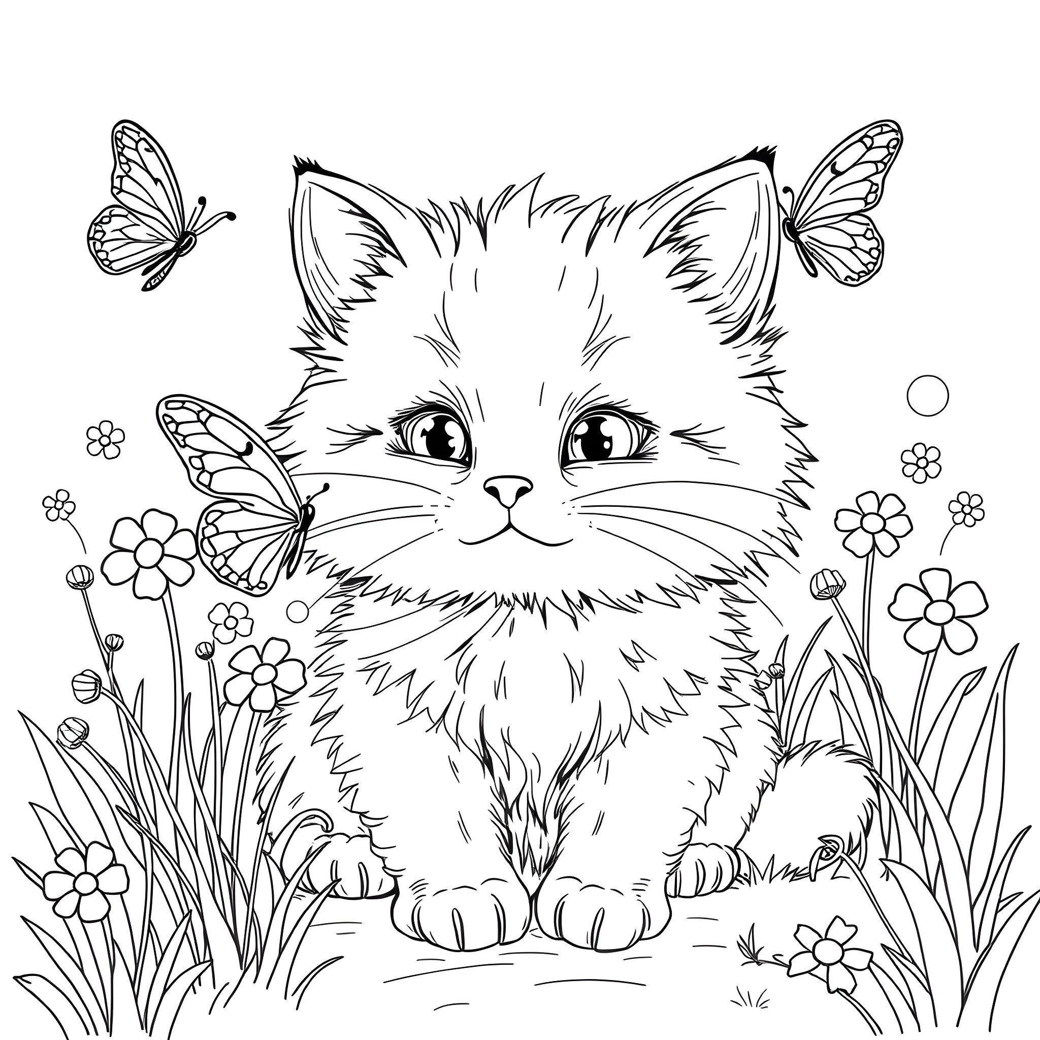Cat surrounded by butterflies and flowers Coloring Page (free black-and-white line drawing printable PDF for all, from beginners to advanced learners, including children, teens, adults, and seniors)