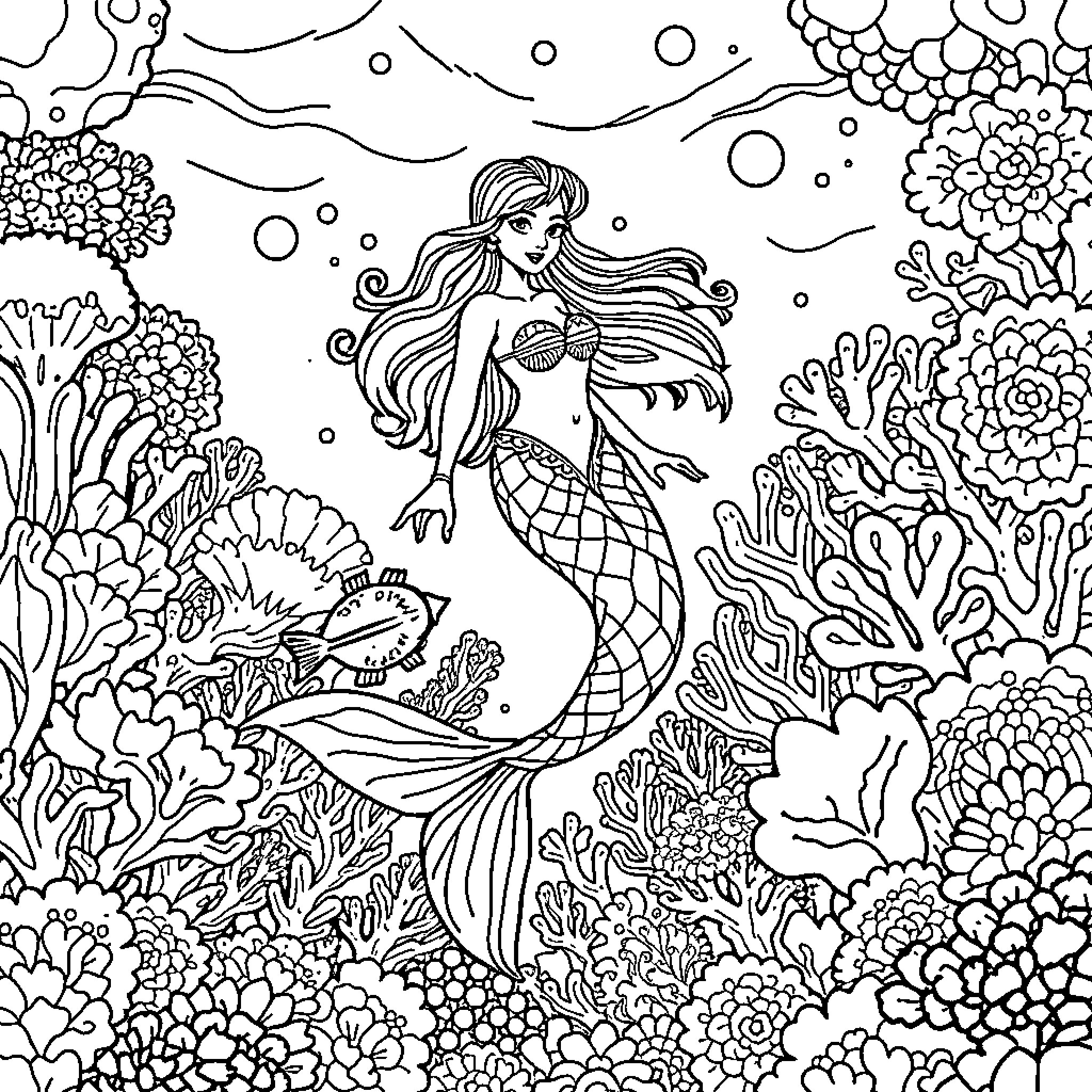 Mermaid swimming amongst colorful sea life Coloring Page (free black-and-white line drawing printable PDF for all, from beginners to advanced learners, including children, teens, adults, and seniors)