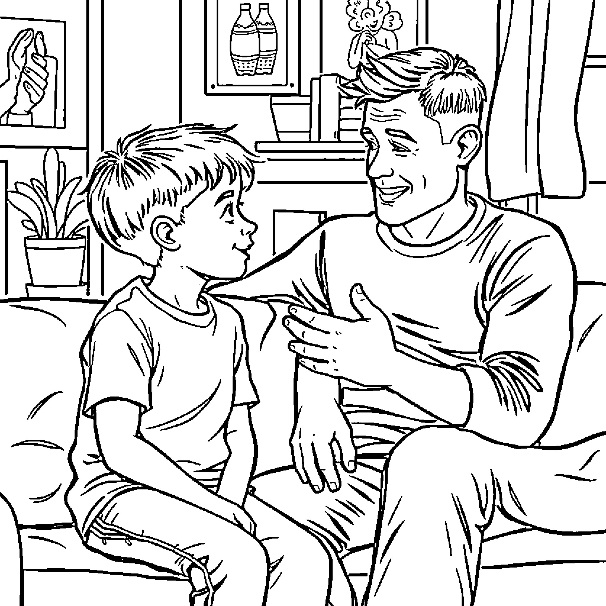 Father and son sharing a moment in their home Coloring Page (free black-and-white line drawing printable PDF for all, from beginners to advanced learners, including children, teens, adults, and seniors)