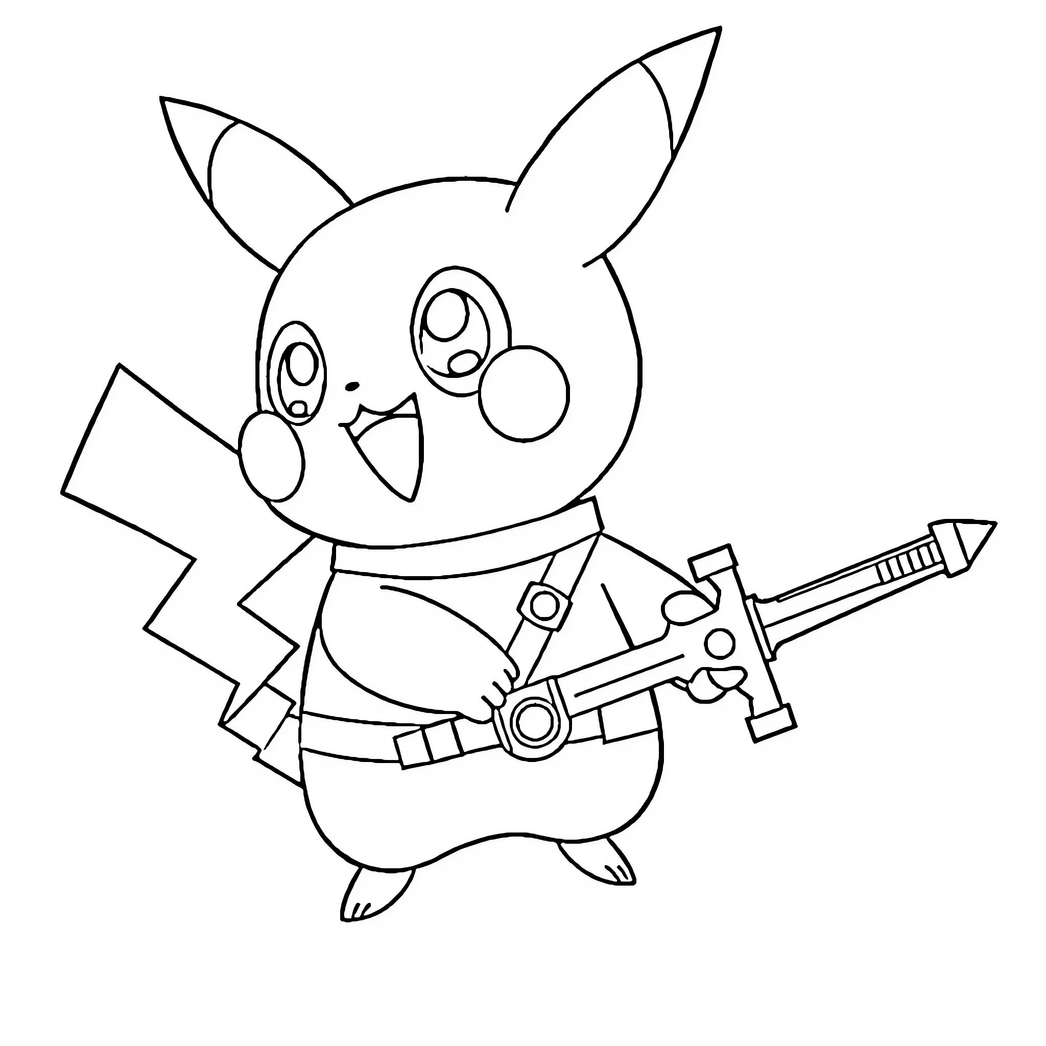 Pikapool wielding a giant weapon Coloring Page (free black-and-white line drawing printable PDF for all, from beginners to advanced learners, including children, teens, adults, and seniors)