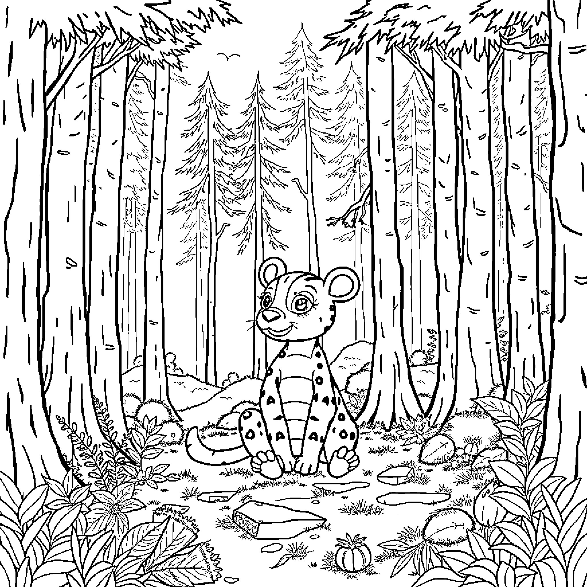 Bubu the Panda Exploring the Enchanted Forest Coloring Page (free black-and-white line drawing printable PDF for all, from beginners to advanced learners, including children, teens, adults, and seniors)