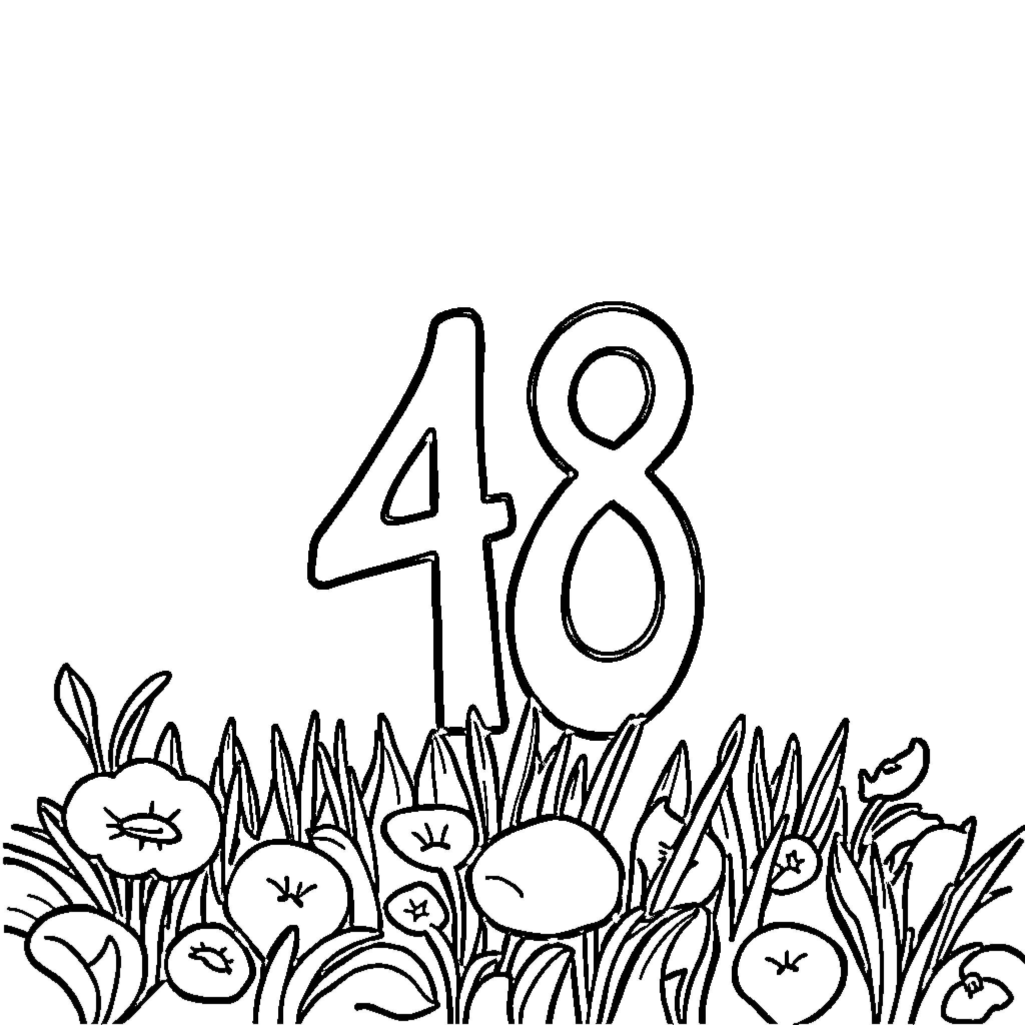 48 Numbers in Field of Flowers Coloring Page (free black-and-white line drawing printable PDF for all, from beginners to advanced learners, including children, teens, adults, and seniors)