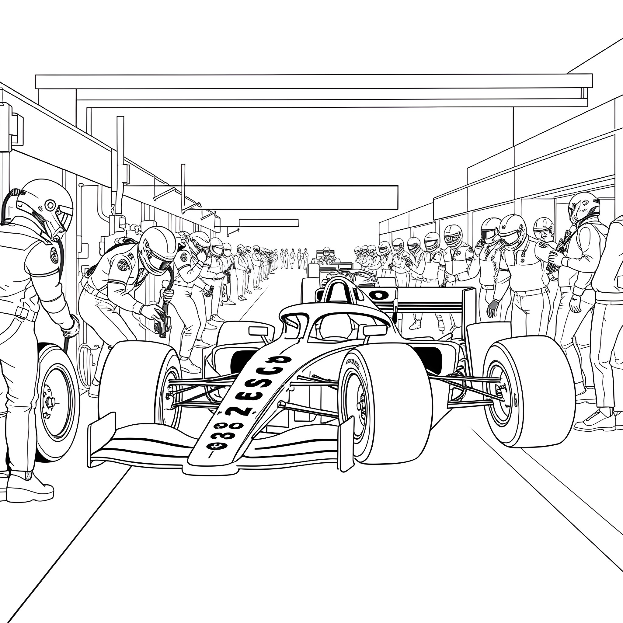 Formula One Racing Team Prepares for the Race Coloring Page (free black-and-white line drawing printable PDF for all, from beginners to advanced learners, including children, teens, adults, and seniors)
