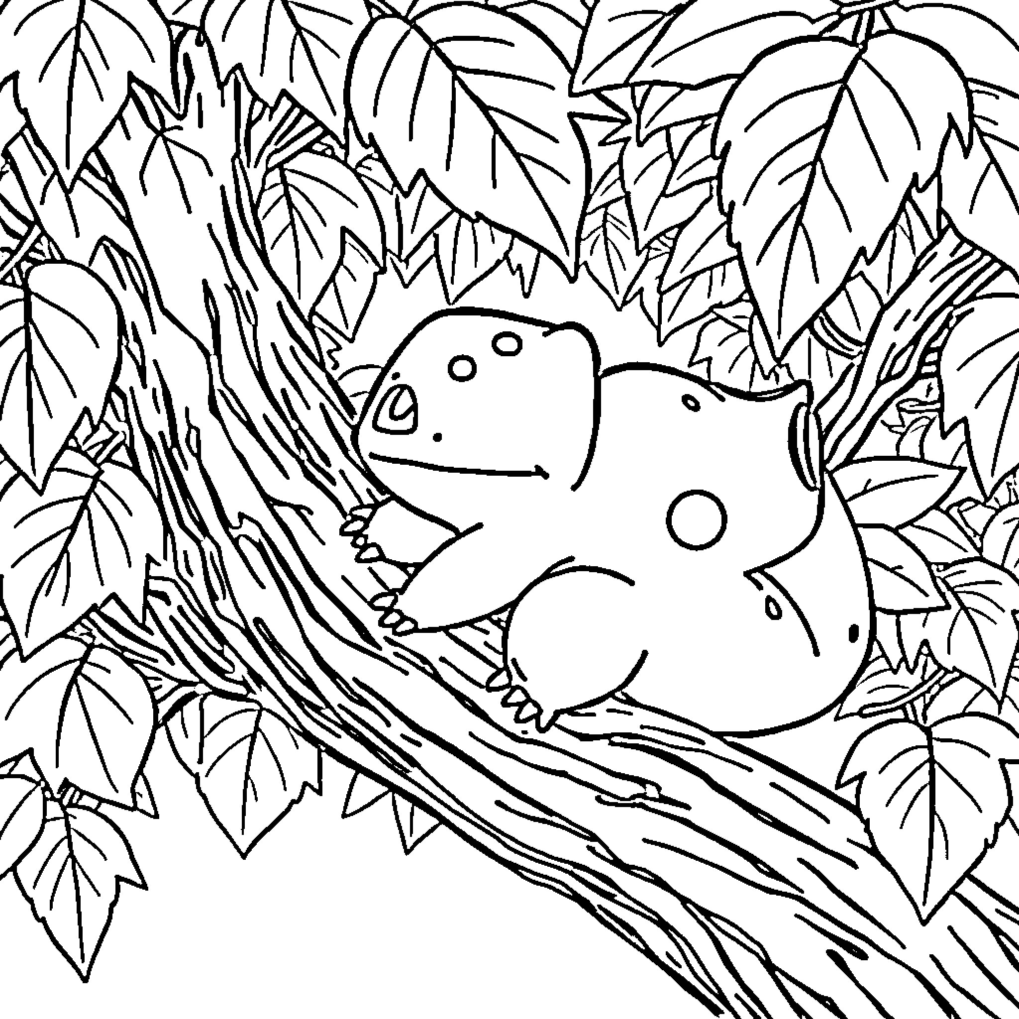 Bulbasaur resting in the leaf-filled forest Coloring Page (free black-and-white line drawing printable PDF for all, from beginners to advanced learners, including children, teens, adults, and seniors)