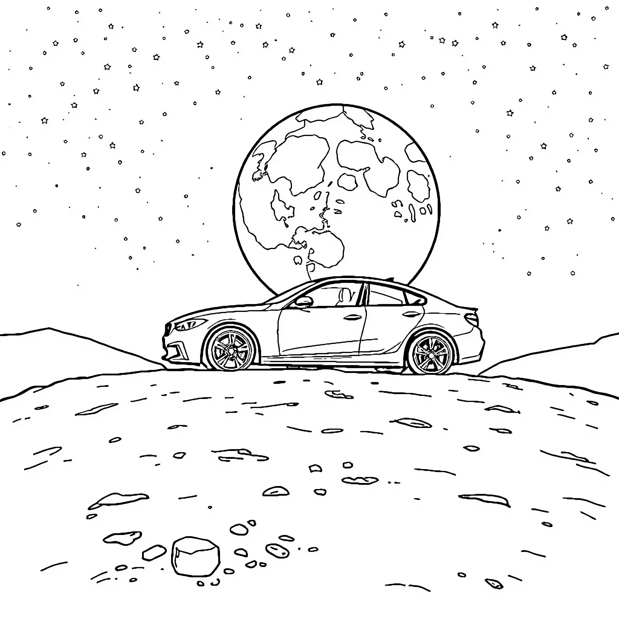 Car driving under the night sky Coloring Page (free black-and-white line drawing printable PDF for all, from beginners to advanced learners, including children, teens, adults, and seniors)