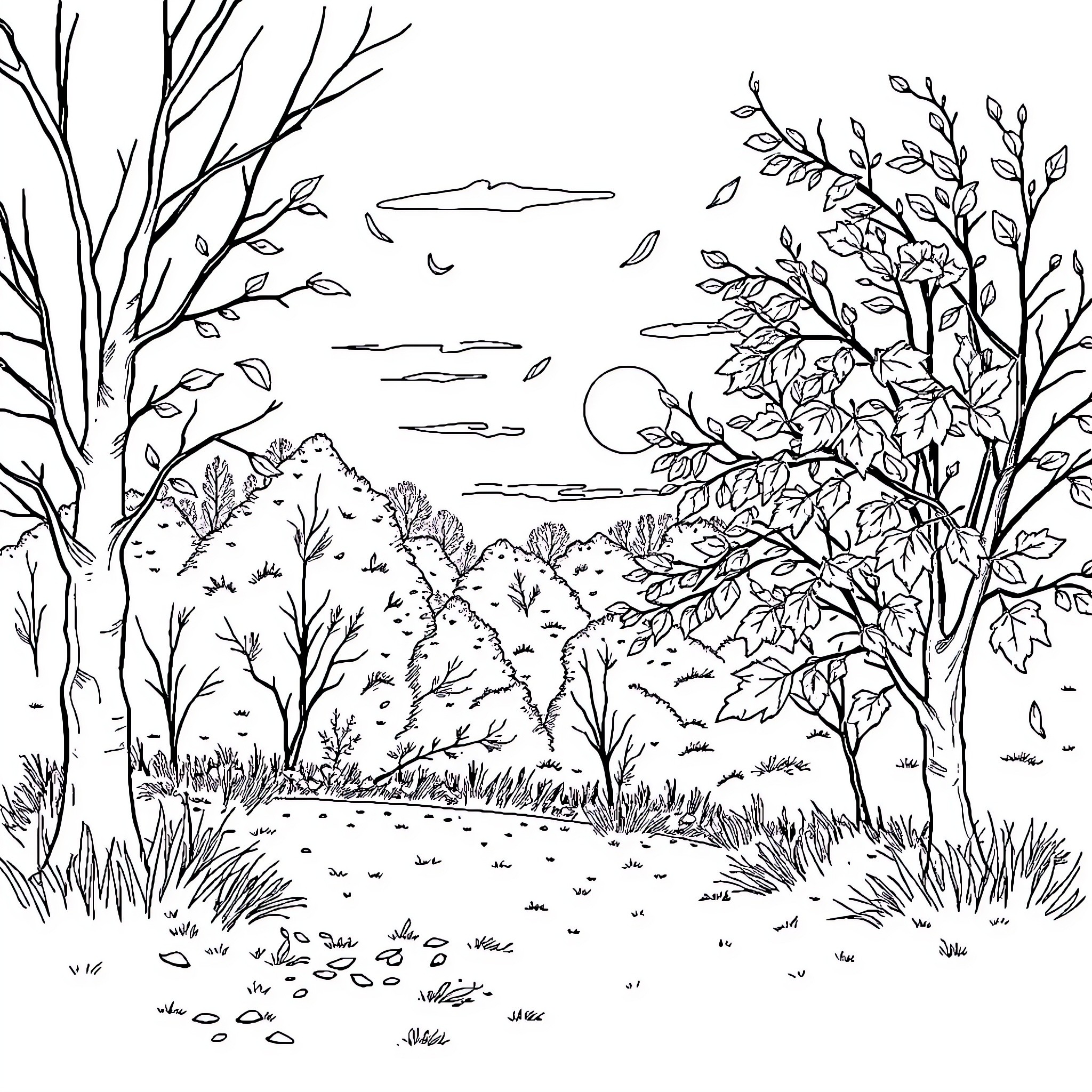 Fall Scenery with Flowing Branches and Foliage Coloring Page (free black-and-white line drawing printable PDF for all, from beginners to advanced learners, including children, teens, adults, and seniors)
