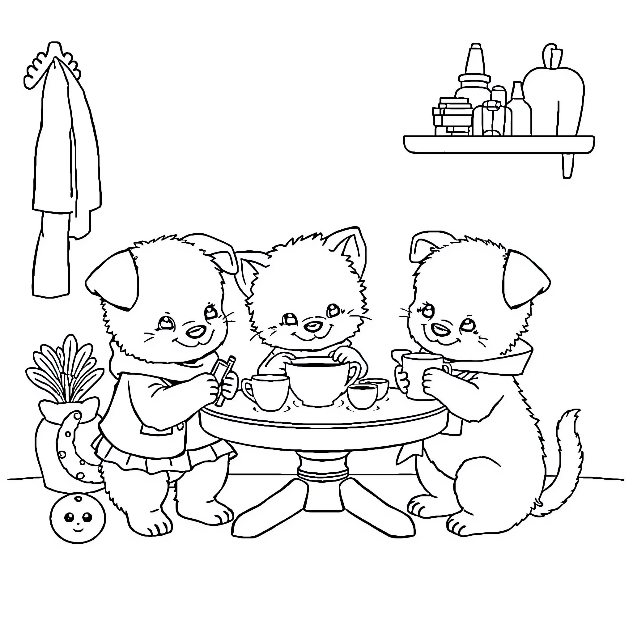 Animal friends enjoying tea time Coloring Page (free black-and-white line drawing printable PDF for all, from beginners to advanced learners, including children, teens, adults, and seniors)
