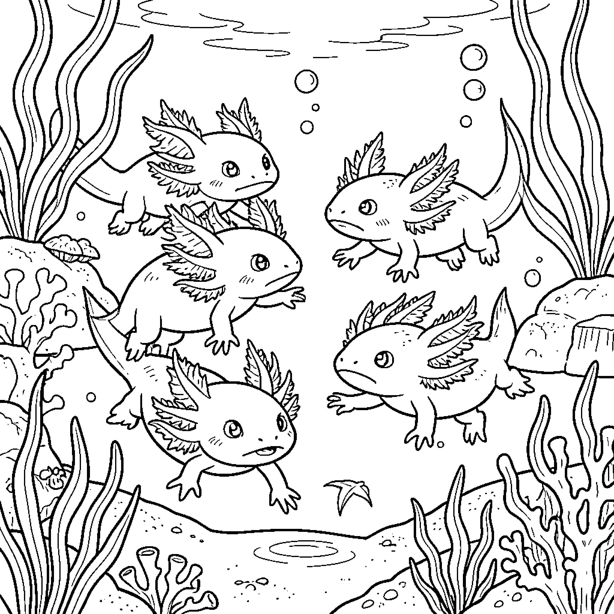 Axolotls swimming together among underwater plants and bubbles Coloring Page (free black-and-white line drawing printable PDF for all, from beginners to advanced learners, including children, teens, adults, and seniors)