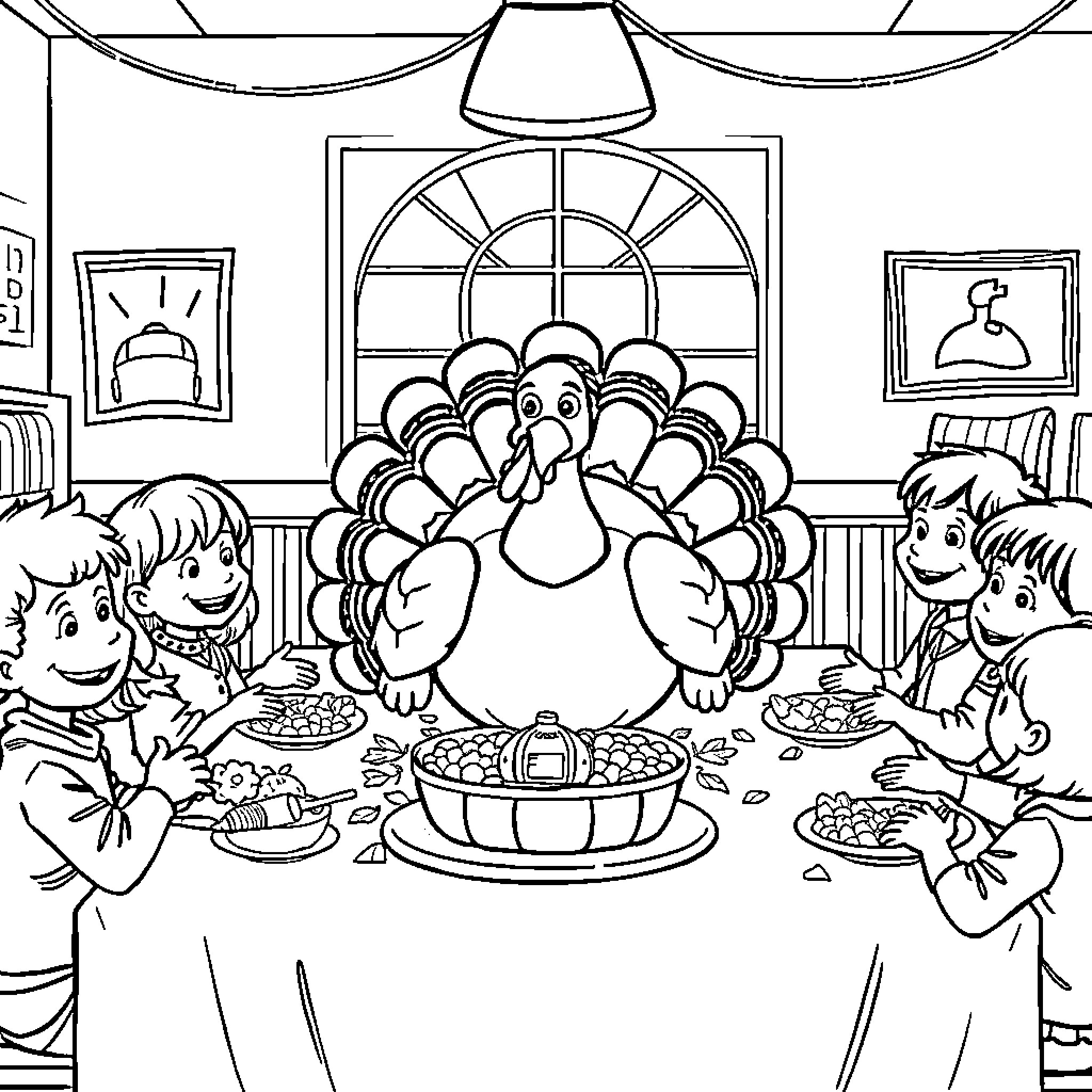 Turkey enjoying a festive meal with family Coloring Page (free black-and-white line drawing printable PDF for all, from beginners to advanced learners, including children, teens, adults, and seniors)