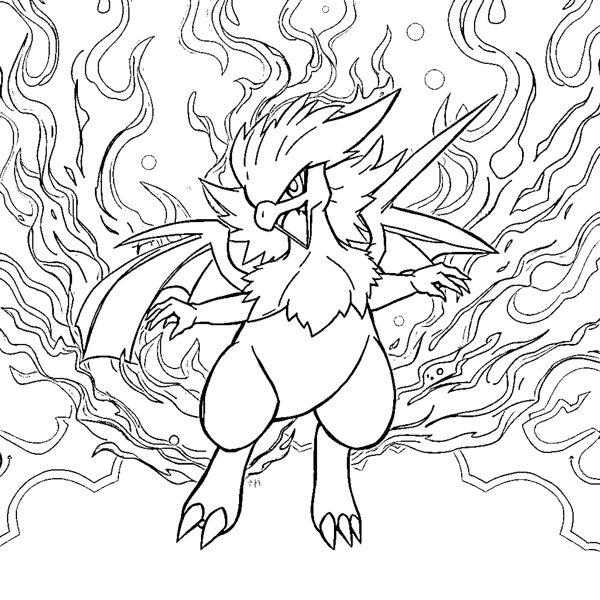 Pokémon Powerful Fire-Breathing Dragon in Action Coloring Page (free black-and-white line drawing printable PDF for all, from beginners to advanced learners, including children, teens, adults, and seniors)