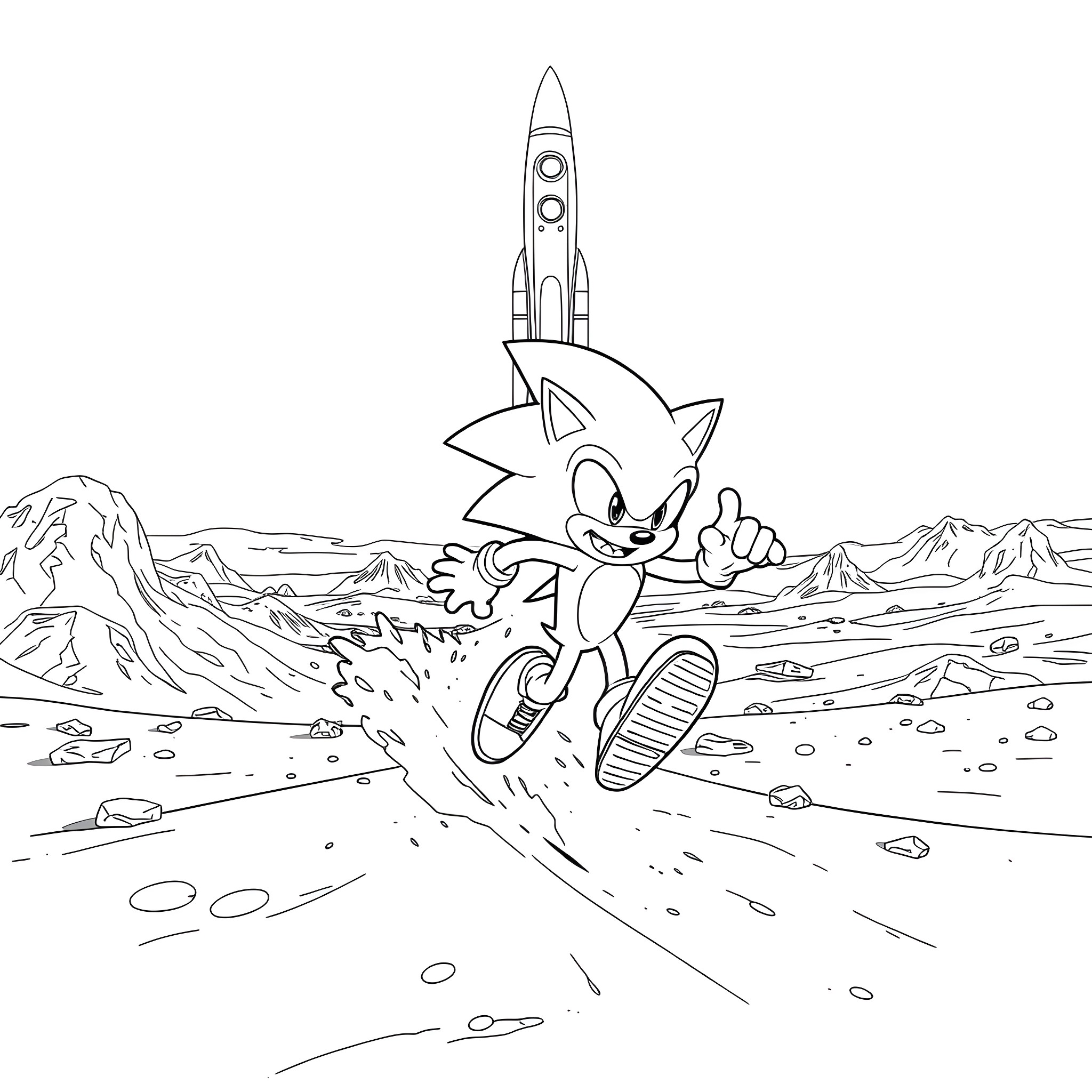 Sonic running through an alien landscape with a rocket ship Coloring Page (free black-and-white line drawing printable PDF for all, from beginners to advanced learners, including children, teens, adults, and seniors)