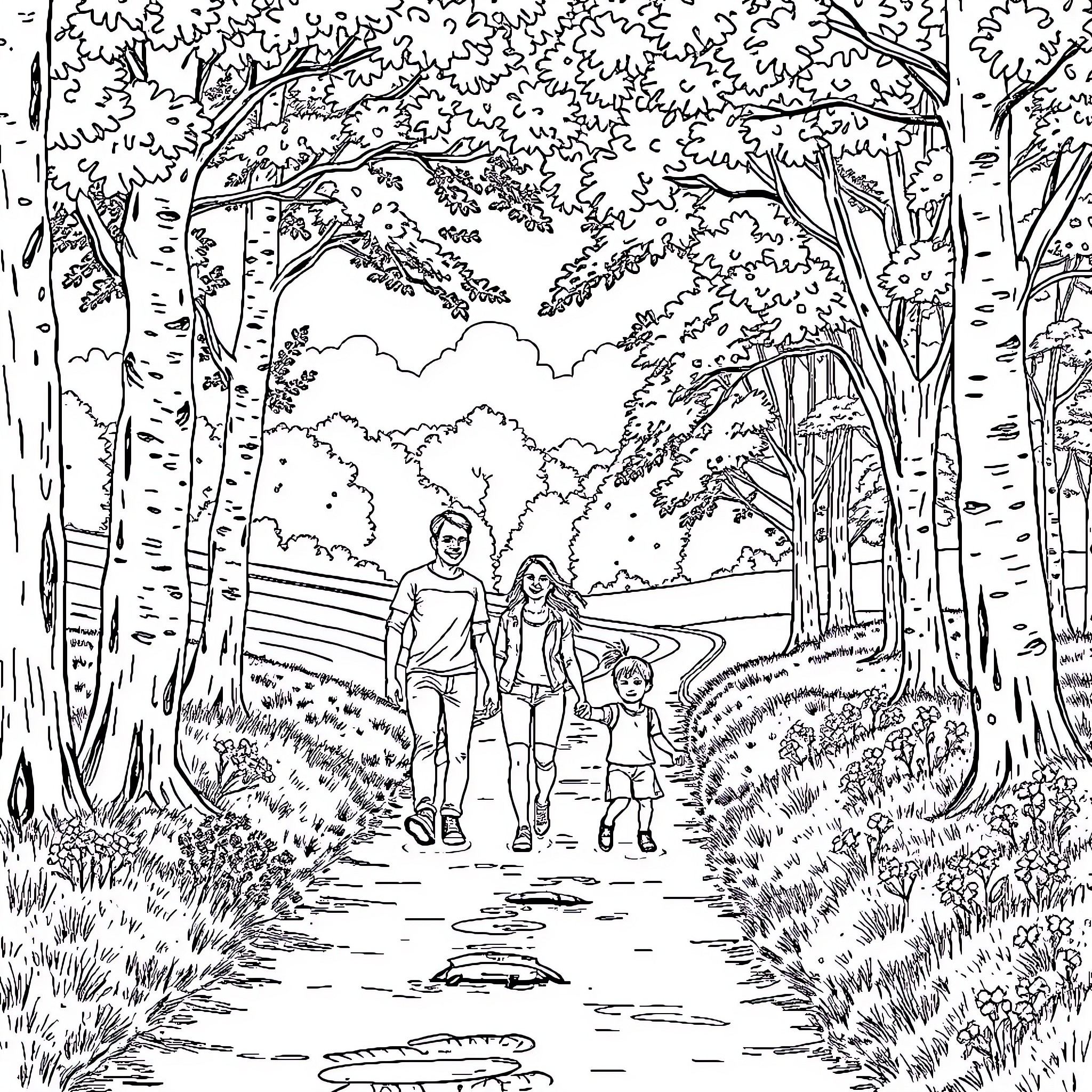 Family strolling through serene forest landscape Coloring Page (free black-and-white line drawing printable PDF for all, from beginners to advanced learners, including children, teens, adults, and seniors)