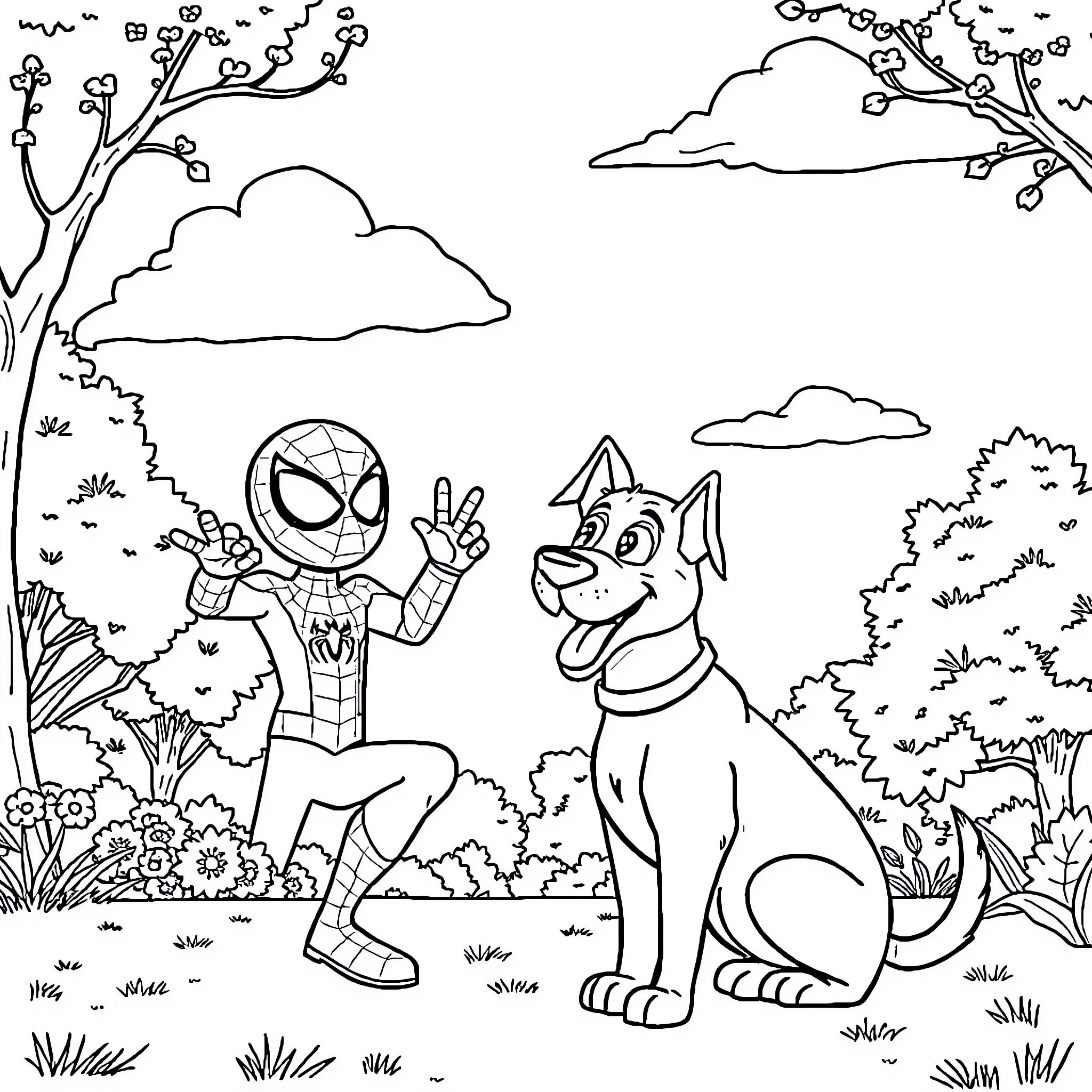 Spiderman enjoying an adventure with a friendly dog Coloring Page (free black-and-white line drawing printable PDF for all, from beginners to advanced learners, including children, teens, adults, and seniors)