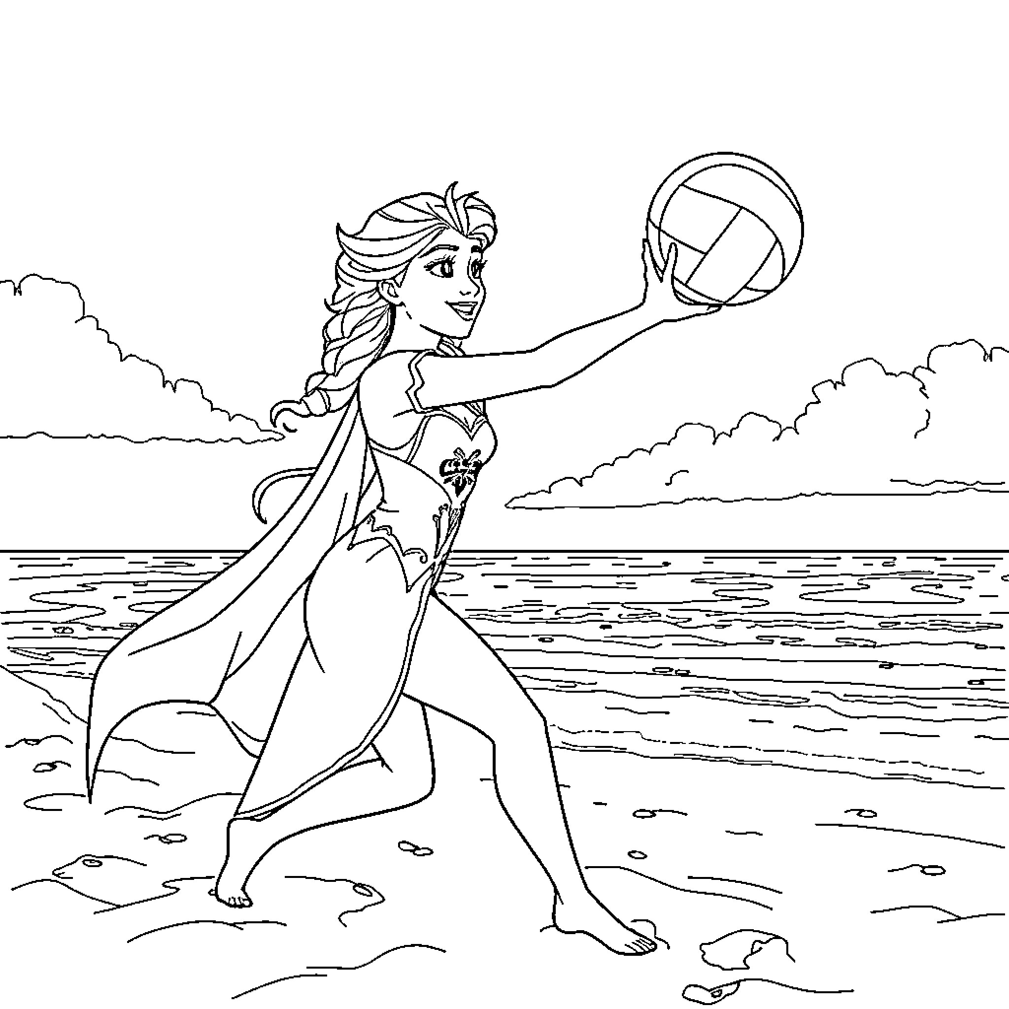 Elsa playing volleyball on the beach Coloring Page (free black-and-white line drawing printable PDF for all, from beginners to advanced learners, including children, teens, adults, and seniors)