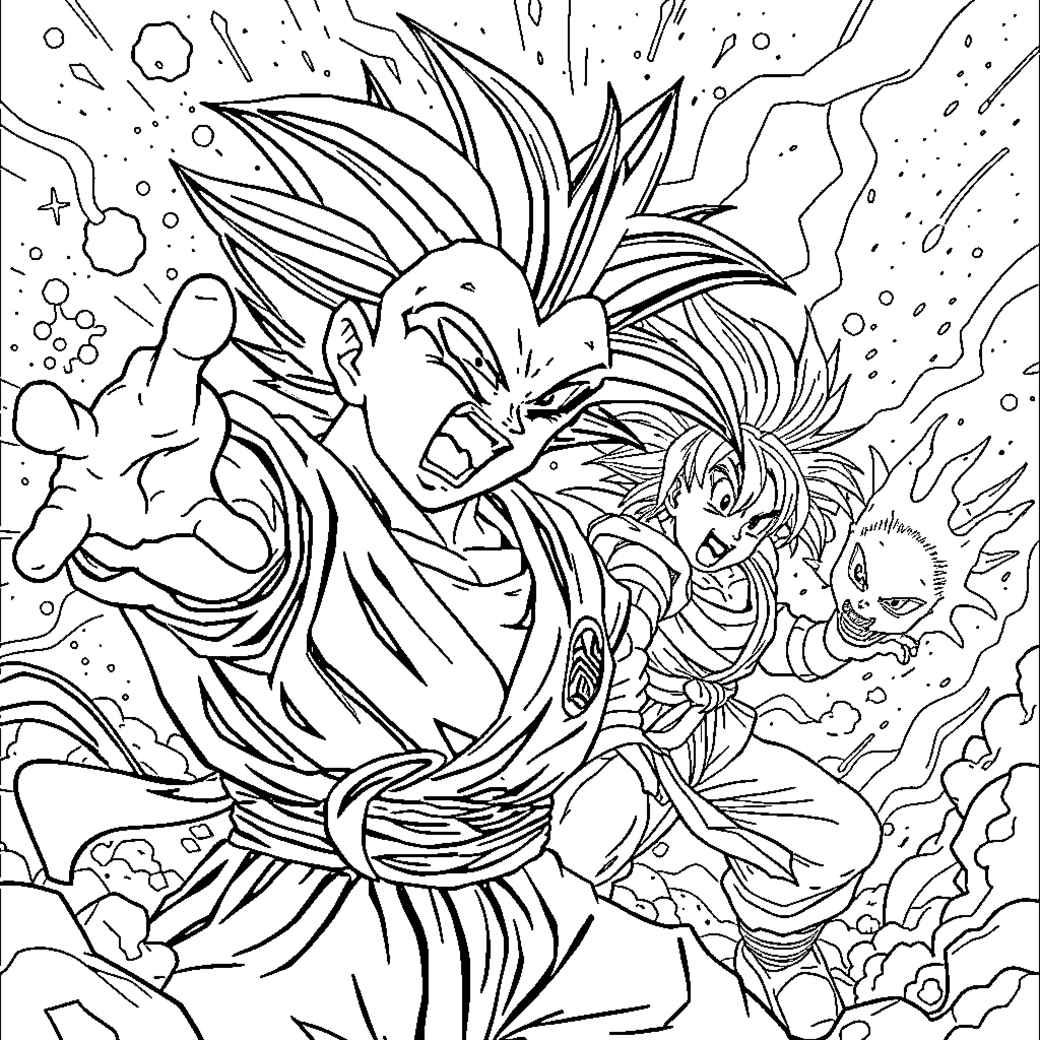 Dragon Ball Z: Fierce Battle of Saiyans Coloring Page (free black-and-white line drawing printable PDF for all, from beginners to advanced learners, including children, teens, adults, and seniors)