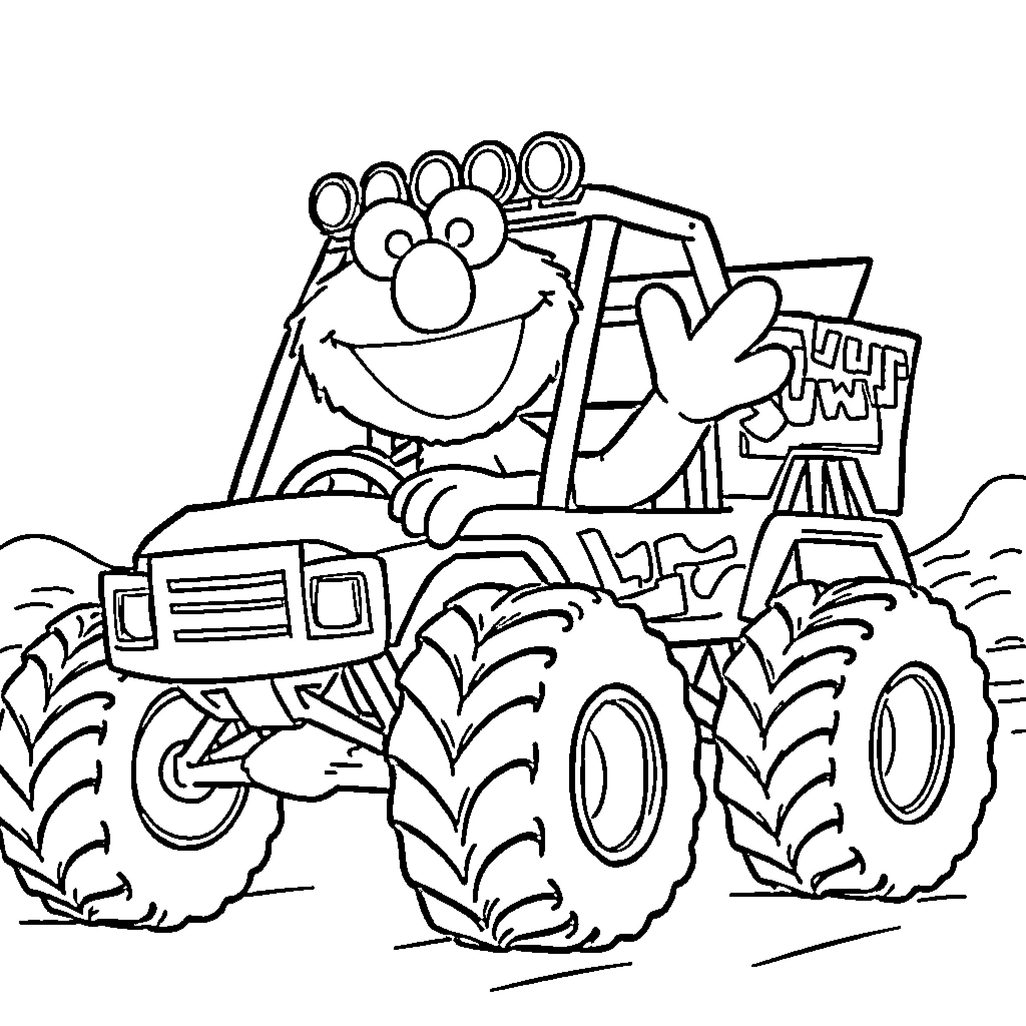 Elmo Driving a Monster Truck Happily Coloring Page (free black-and-white line drawing printable PDF for all, from beginners to advanced learners, including children, teens, adults, and seniors)
