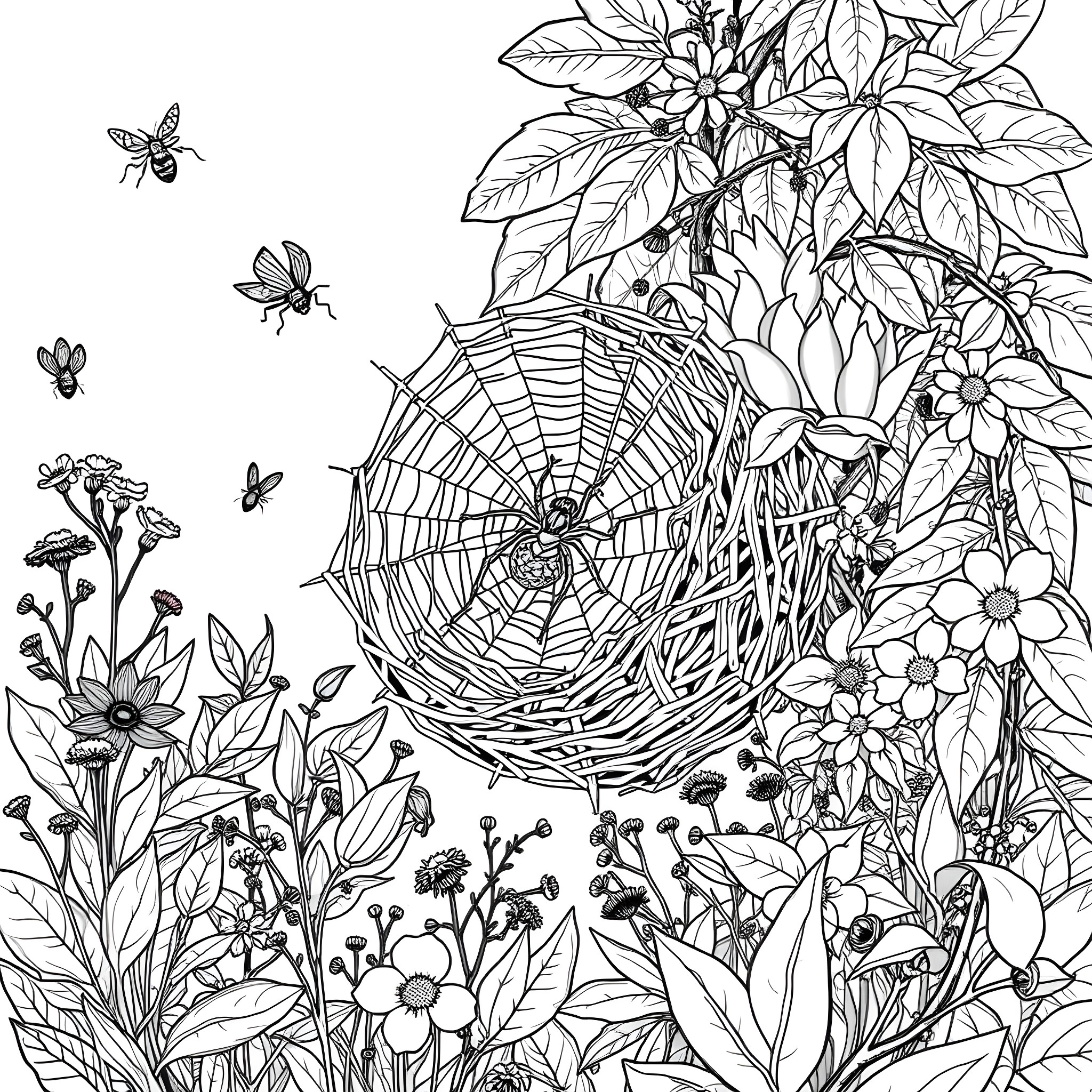 Spider's web in a floral garden Coloring Page (free black-and-white line drawing printable PDF for all, from beginners to advanced learners, including children, teens, adults, and seniors)